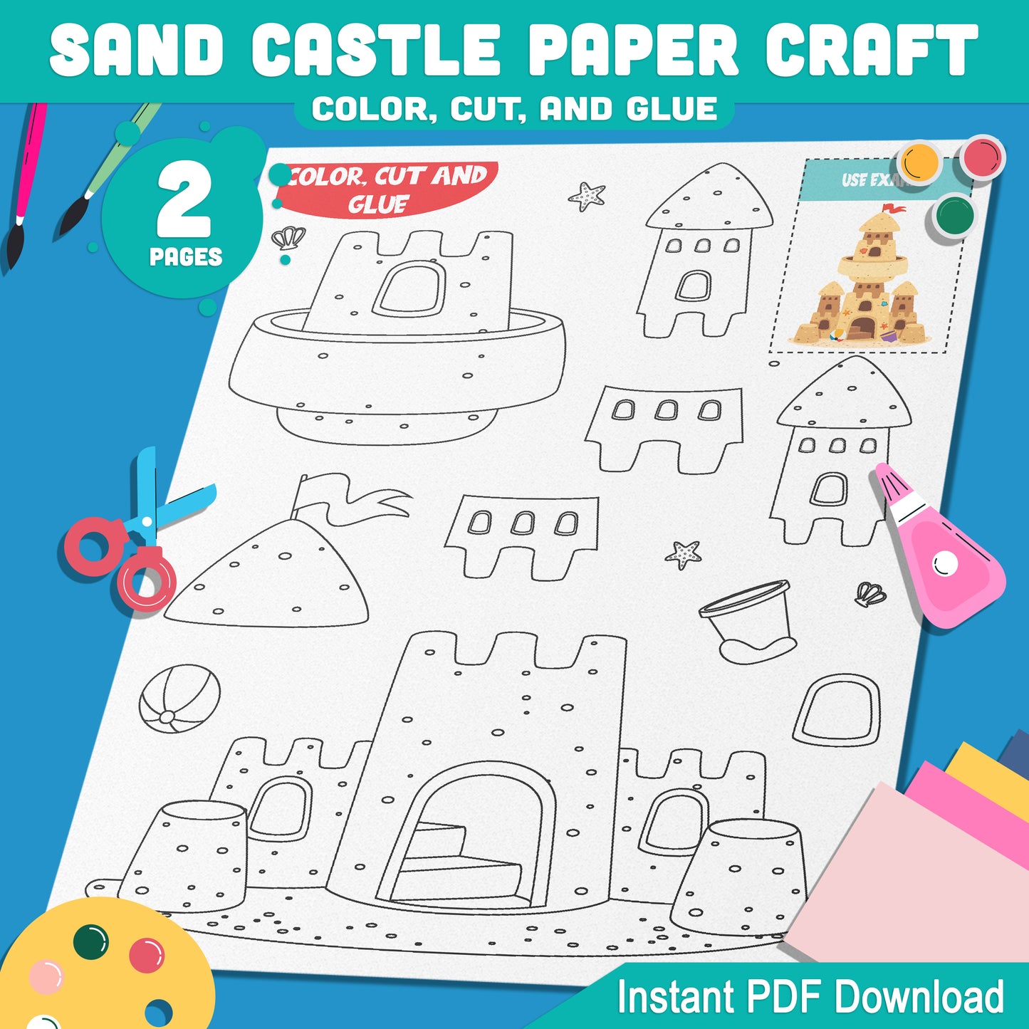 Build Your Own Sand Castle Paper Craft: Fun Summer Art Project for Kids with Color, Cut, and Glue Activities, Great for Preschool, Kindergarten, and Homeschool