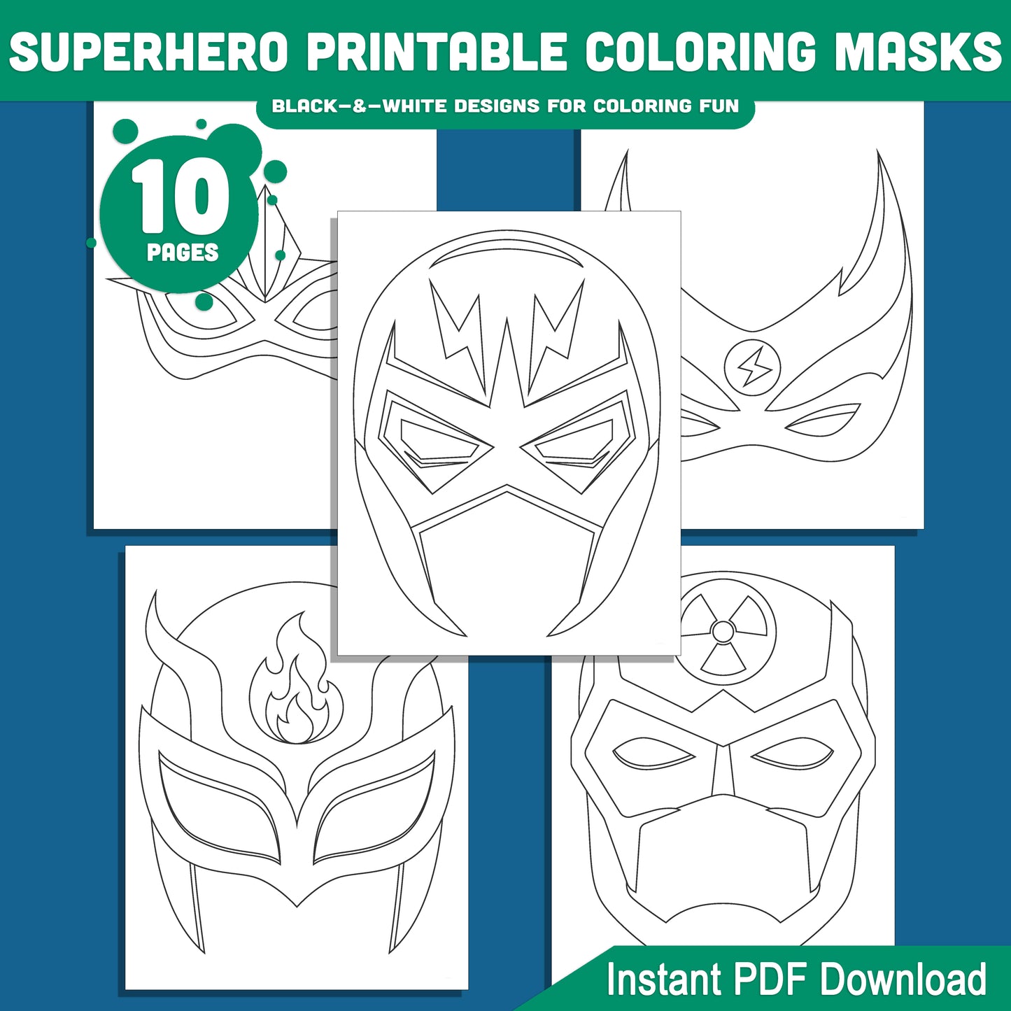 Superhero Coloring Mask Templates – DIY Printable Face Masks for Kids' Parties, Playtime, and Dress-Up Fun, Black-and-White Designs, PDF Instant Download