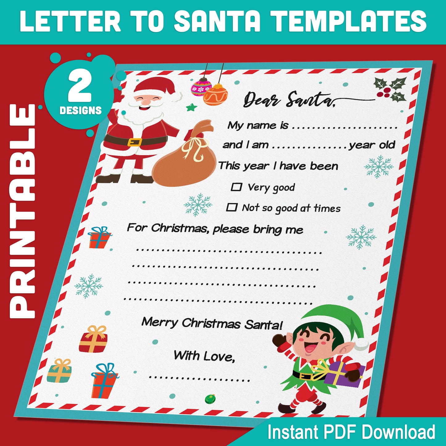 Letter to Santa & Christmas Wish List: 2 Fun Fill-in-the-Blank Printable Designs, 8.5x11", Perfect Kids Activity, Instant PDF Download