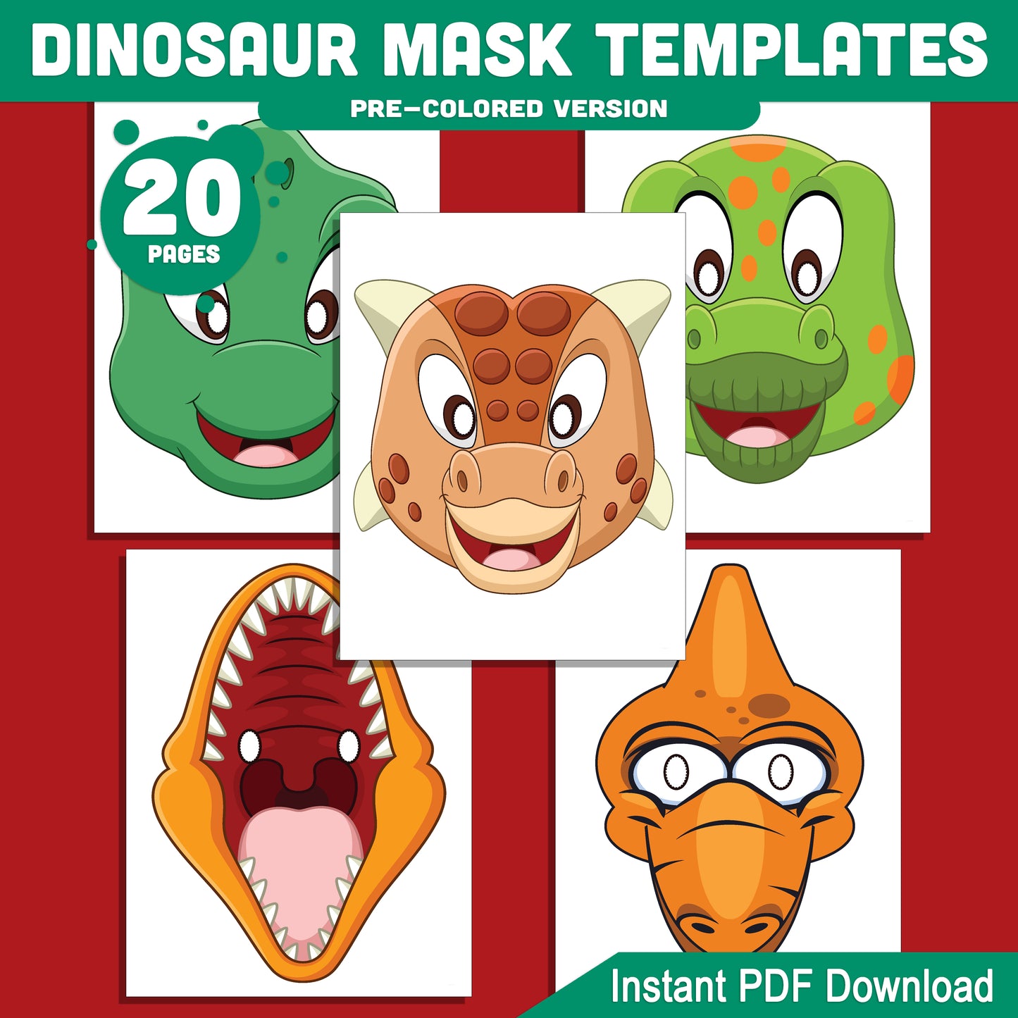 Fun Dinosaur Mask Templates: 20 DIY Printable Pages for Kids, Pre-Colored & Black and White, Great for Role-Playing, Parties & Costumes