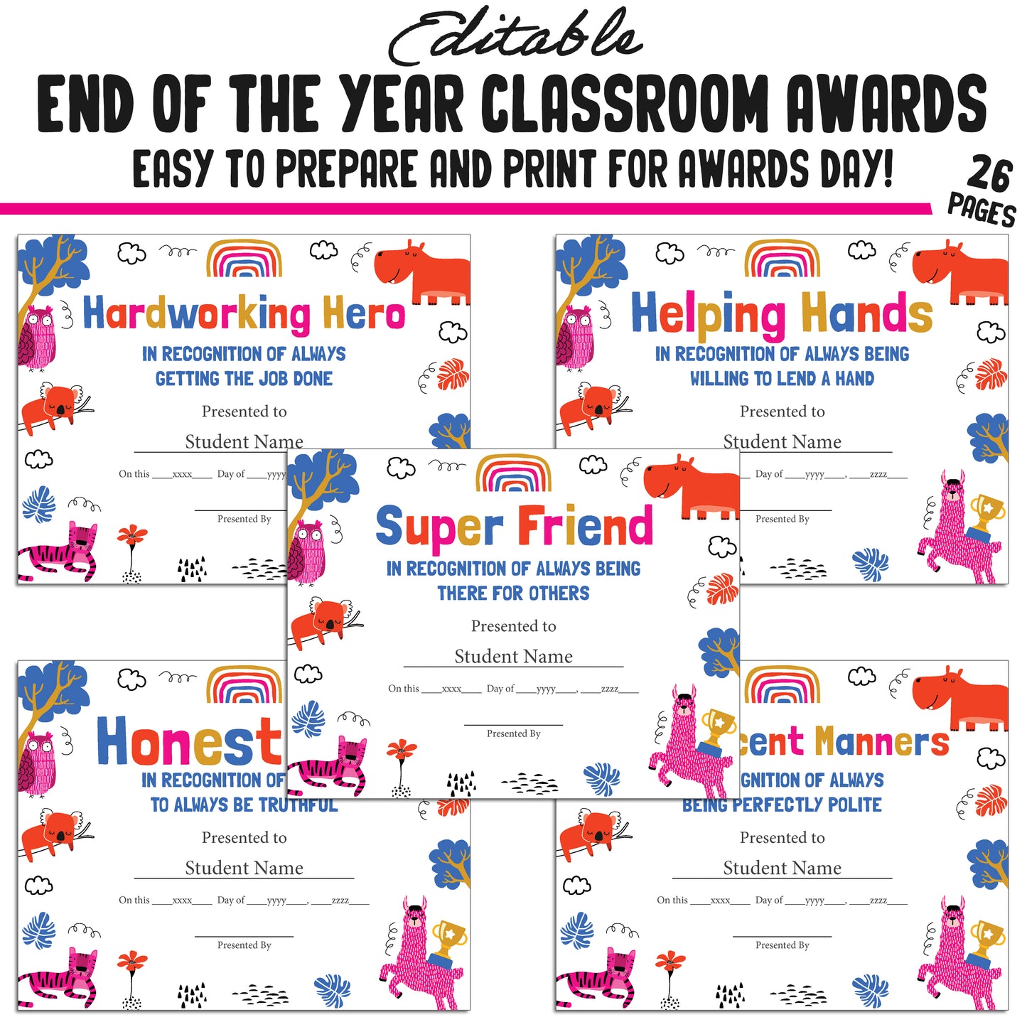 Customizable Classroom Superlatives and Fun End-of-Year Awards β 26-Page PDF with Adorable Animal Theme β Instant Download