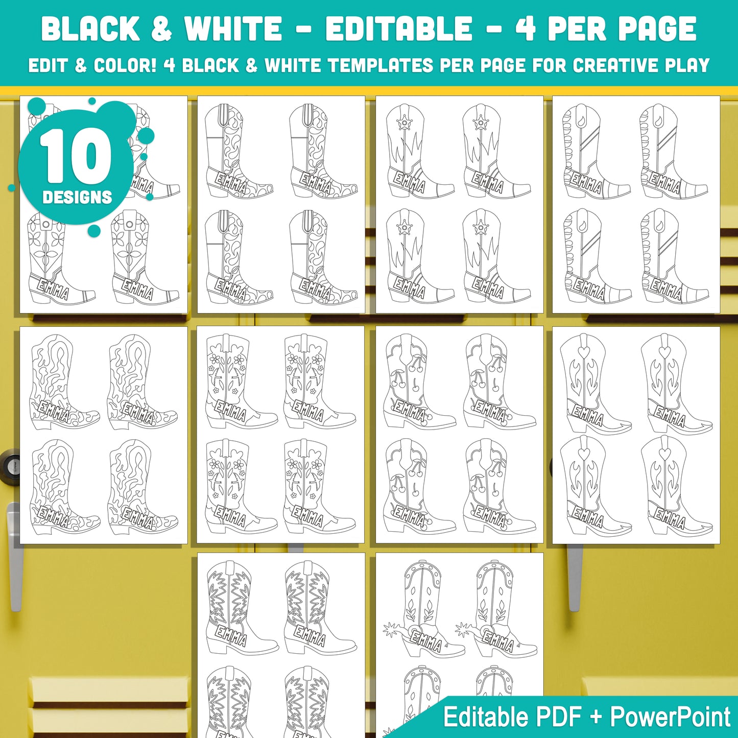 Editable Name Tags, Cowboy and Cowgirl Boots Theme – 10 Fun Designs, 4 per Page, PDF + PowerPoint, Black & White Included