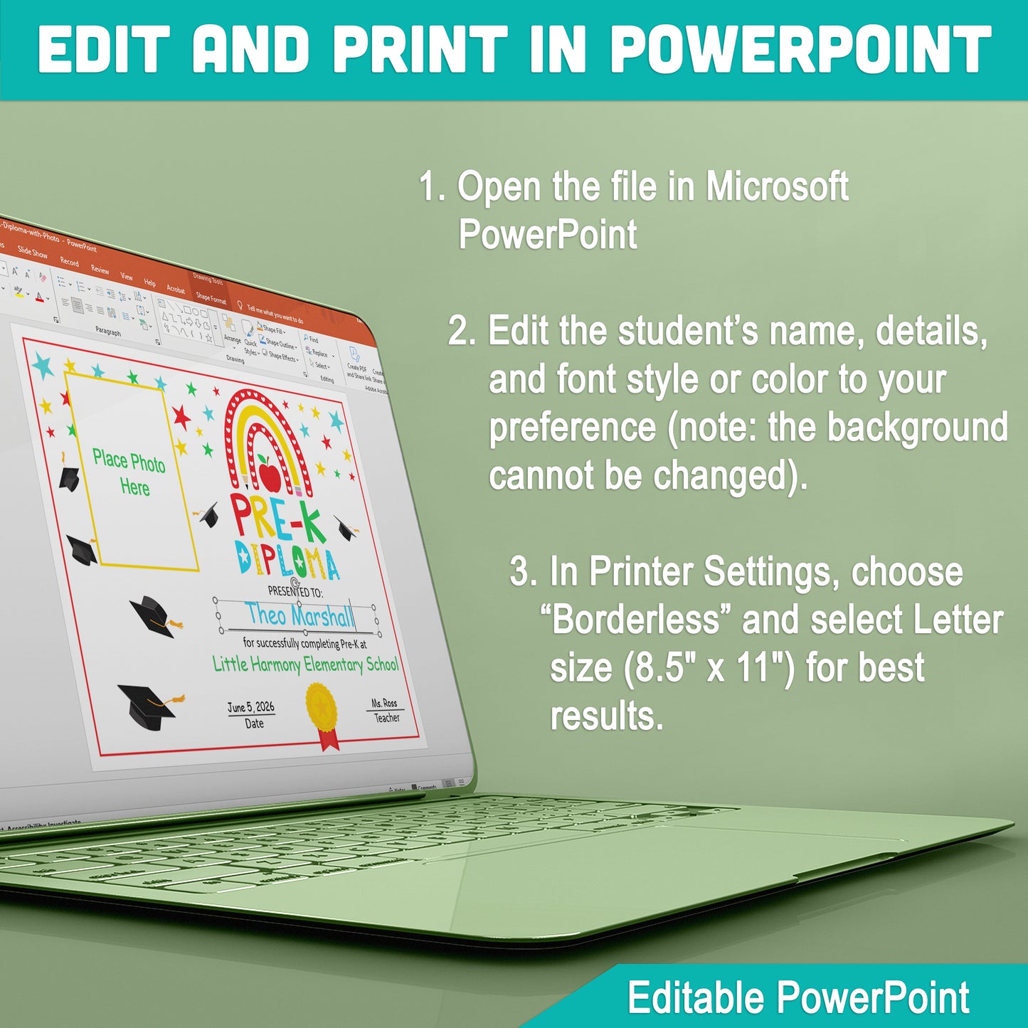 Editable Moving Up Diploma for Pre-K with Student Photo, Rainbow Graduation Award, PDF and PowerPoint Format, Instant Download
