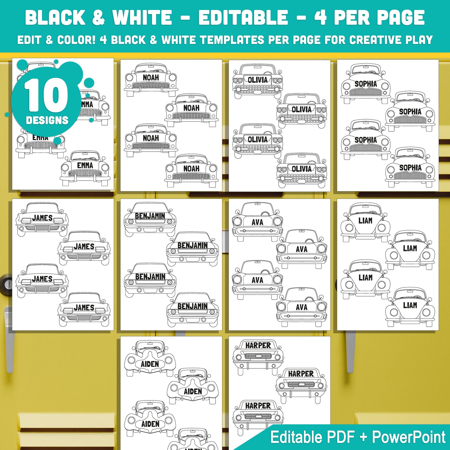 Retro Classic & Vintage Car Name Tags – Editable Locker and Cubby Labels, 10 Designs, PDF + PowerPoint, Instant Download