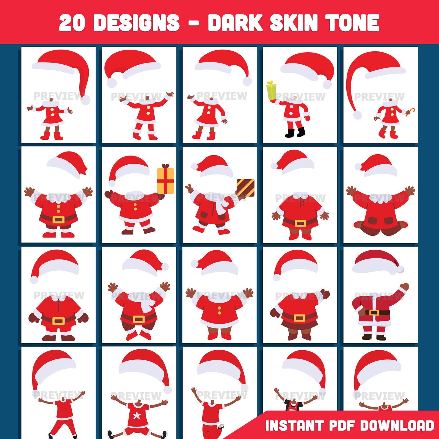 Printable Kids Santa Body Templates, 20 Fun Christmas Designs (Light + Dark Skin Tone), Add Your Own Face Craft, School or Home Holiday Activity PDF
