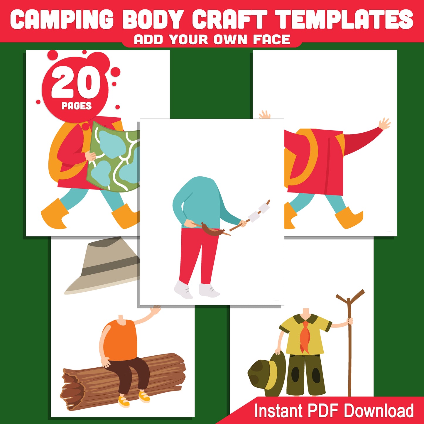 Camping Body Craft Template for Kids with Body Clipart – 40 Page Cut and Paste Activity, Add Your Face, Instant PDF, Dark Skin Tone Included