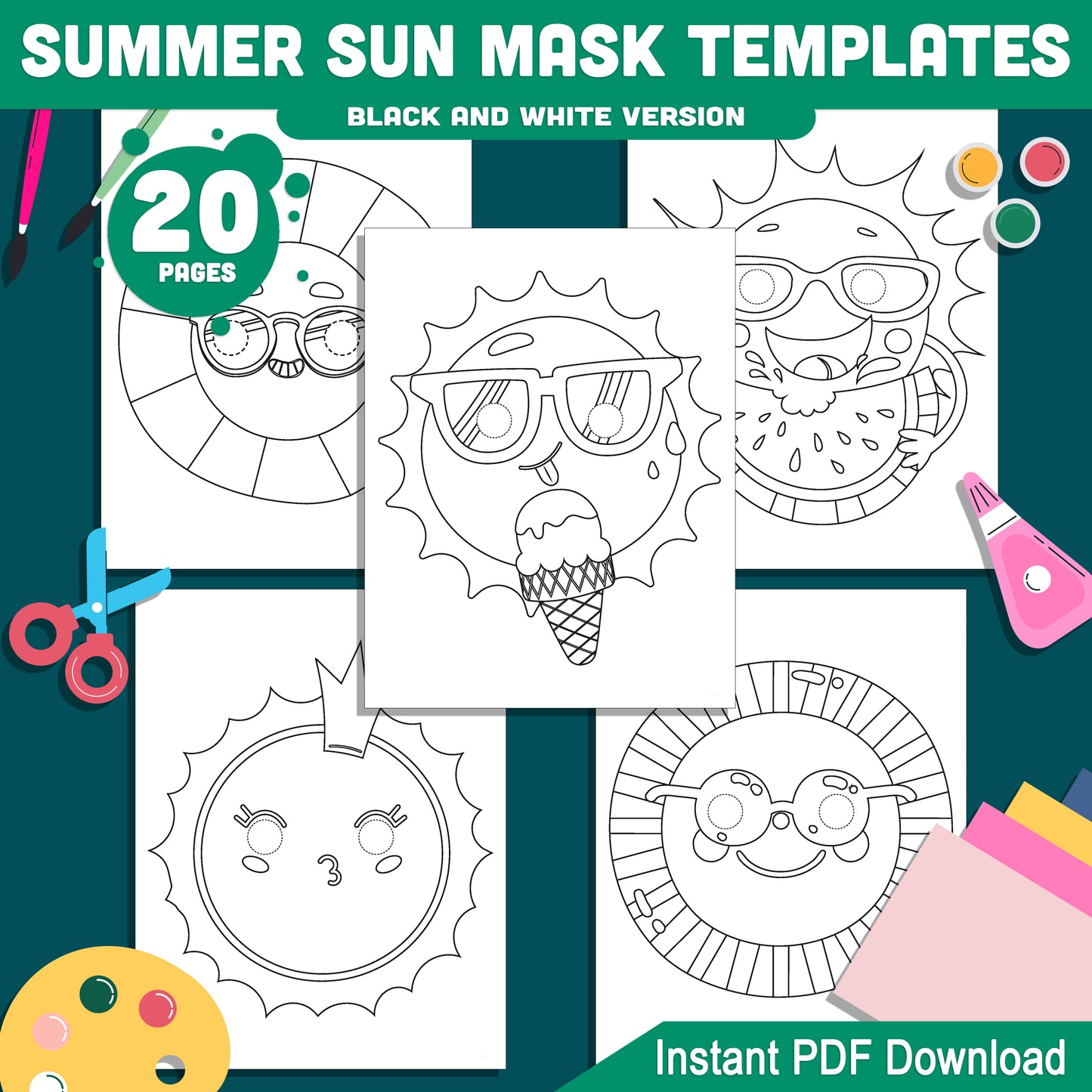 DIY Summer Sun Mask Templates: 20 Printable Pages, Pre-Colored + Black & White, Great for Kids' Crafts, Classroom, Dress-Up, and Party Fun