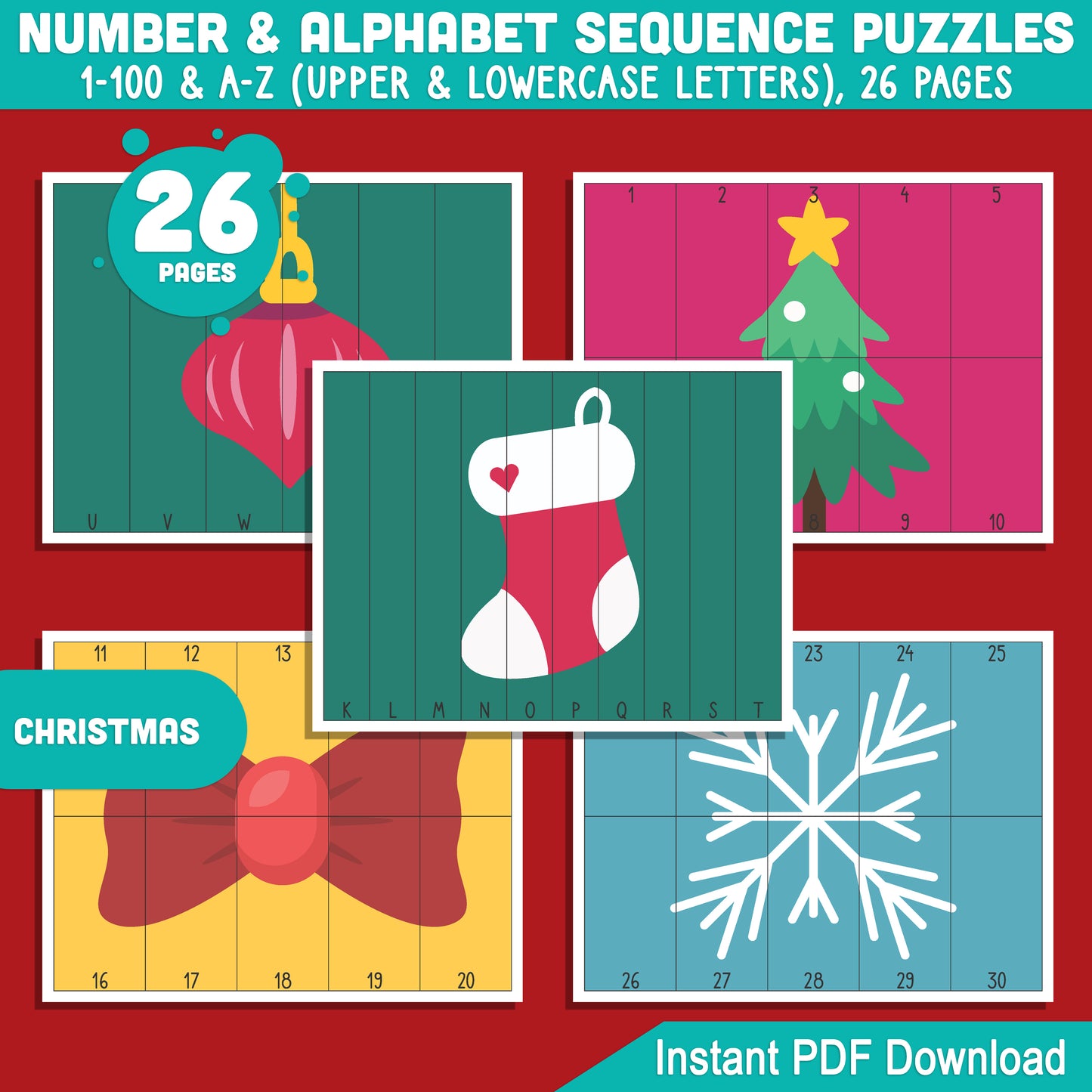 Engaging Christmas Number & Alphabet Sequence Puzzles: 1-100 & A-Z PDF for Toddlers, Preschool, and Kindergarten, Great for Early Math Skills