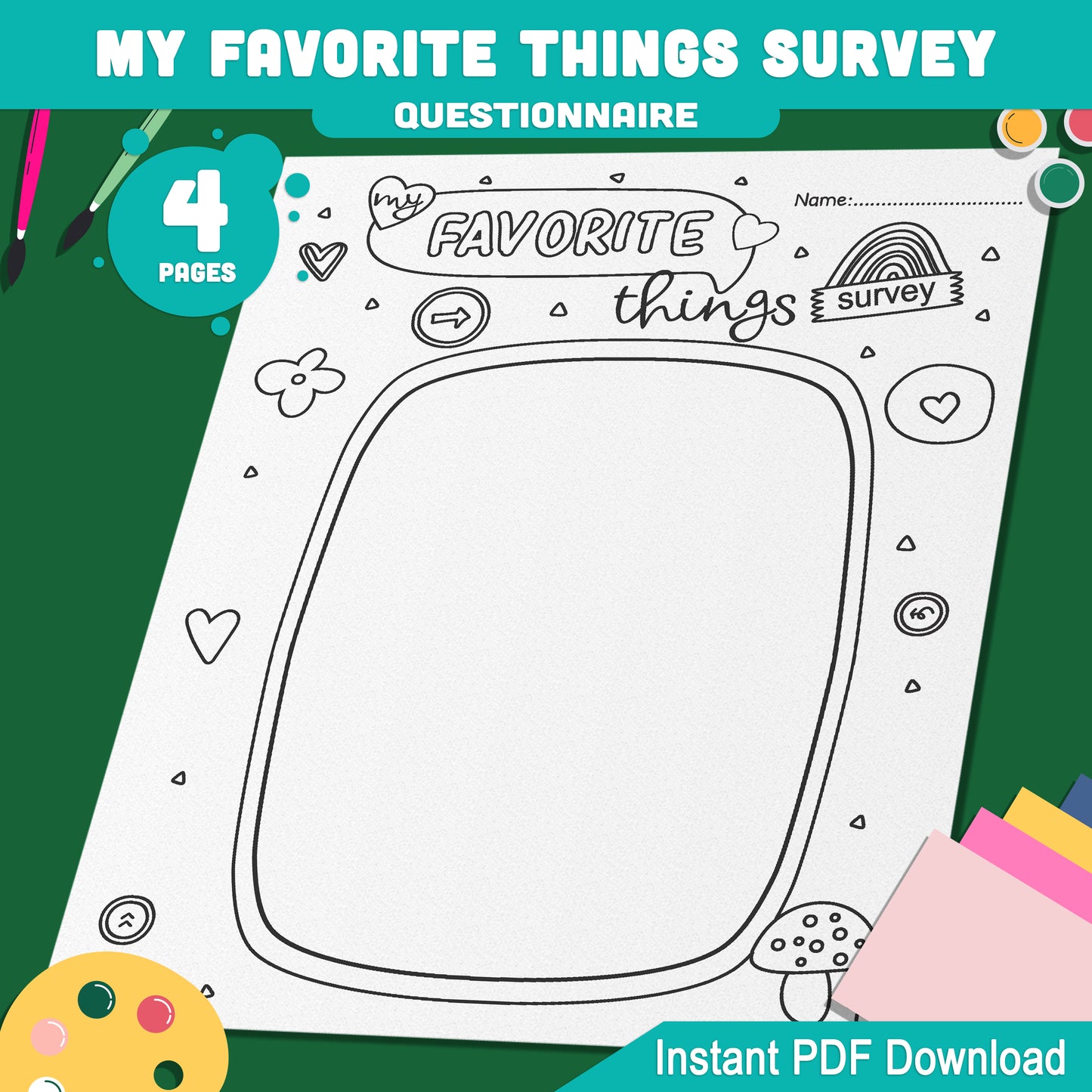 Fun My Favorite Things Questionnaire: 2 Creative Designs, 4 Pages with Fillable & Customizable Sections, Perfect for All Ages, PDF Download!