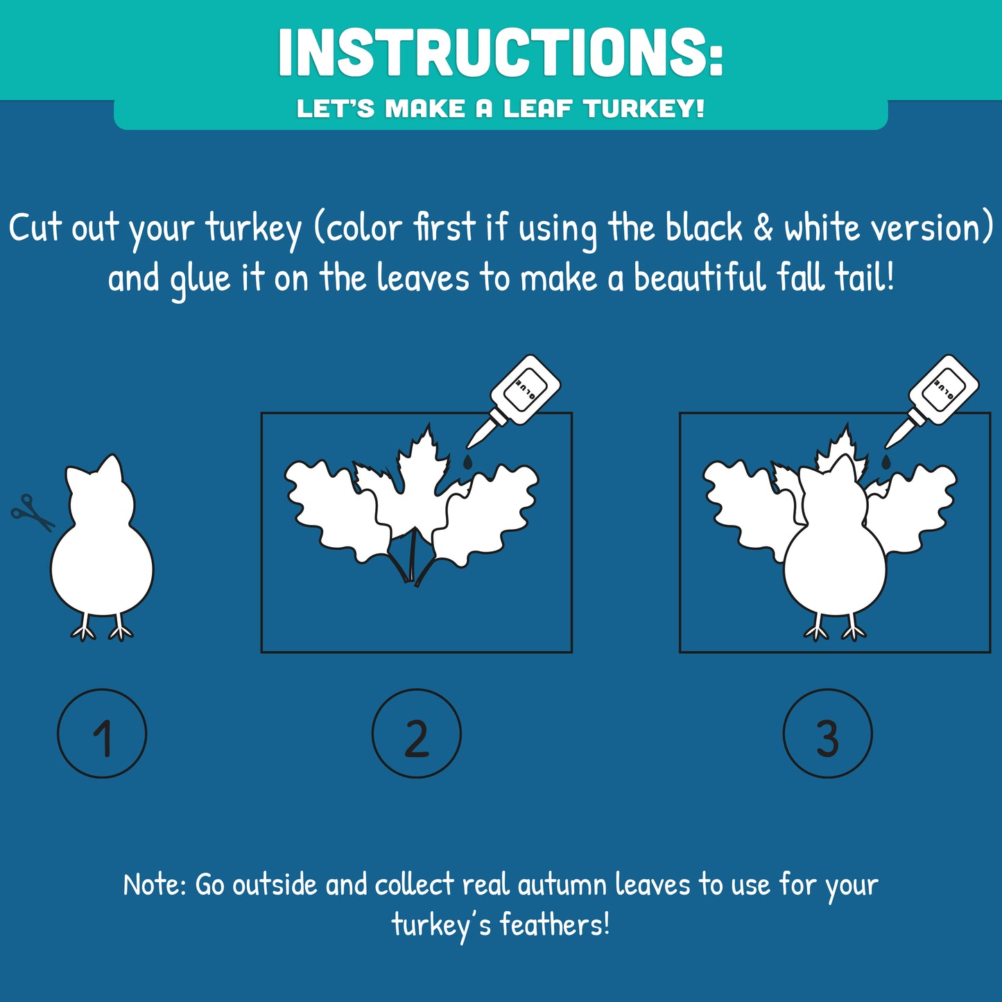 Let’s Make a Colorful Turkey with Real Fall Leaves! Turkey Craft Kindergarten Printable, Thanksgiving Leaf Craft for Kids, 4 Designs, PDF Instant Download