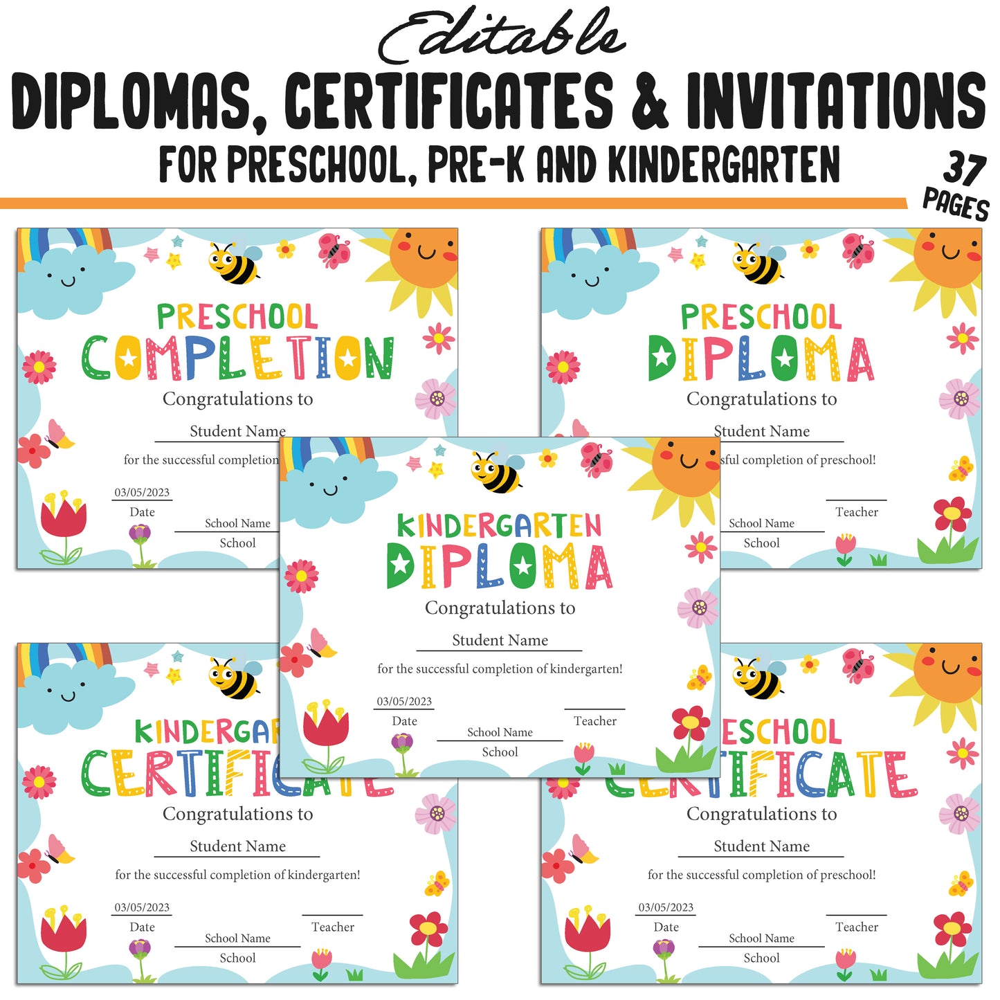 Printable Pre-K, Kindergarten, and Preschool Diplomas, Certificates, and Invitation Templates, Colorful Spring-Themed, PDF Instant Download.