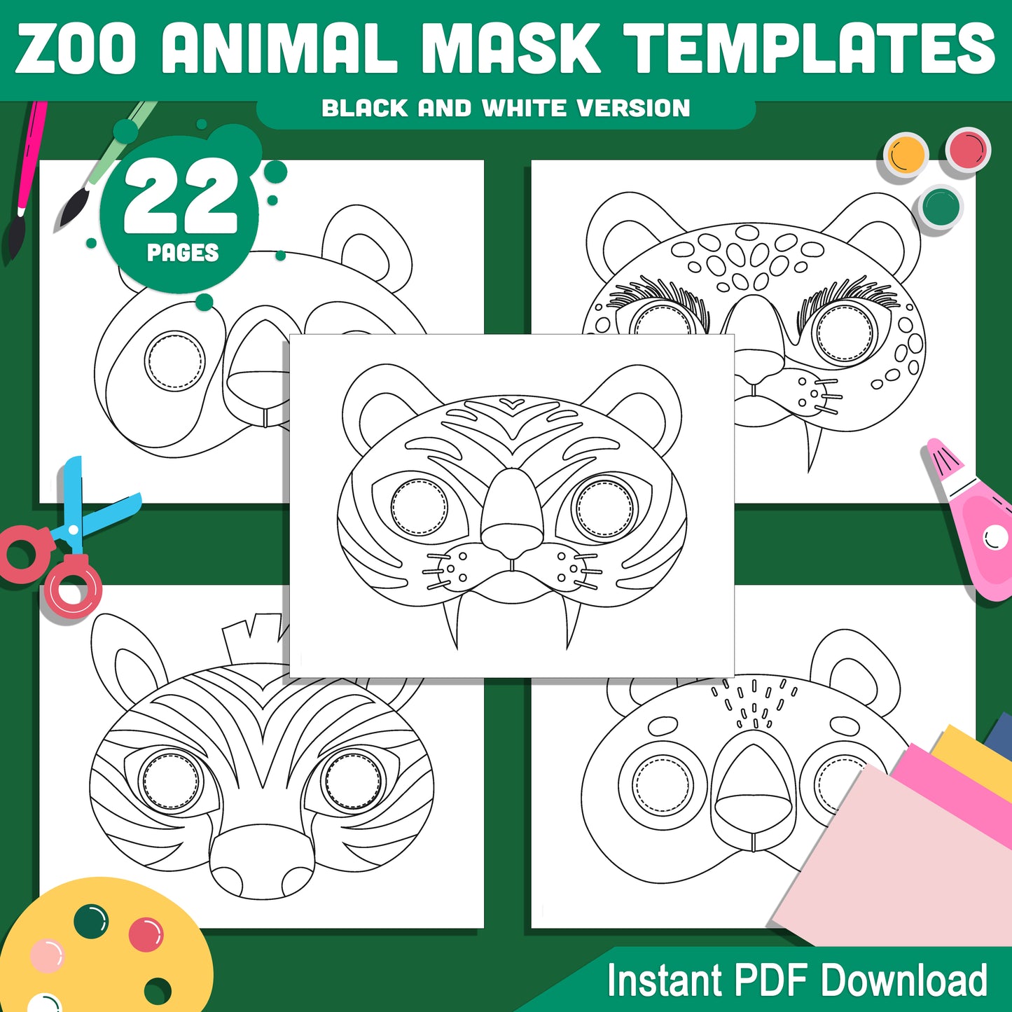 Zoo & Jungle Animal Mask Templates: 22 Fun Printable Masks for Kids, Pre-Colored + Black & White, Great for Parties & Pretend Play, Instant PDF Download