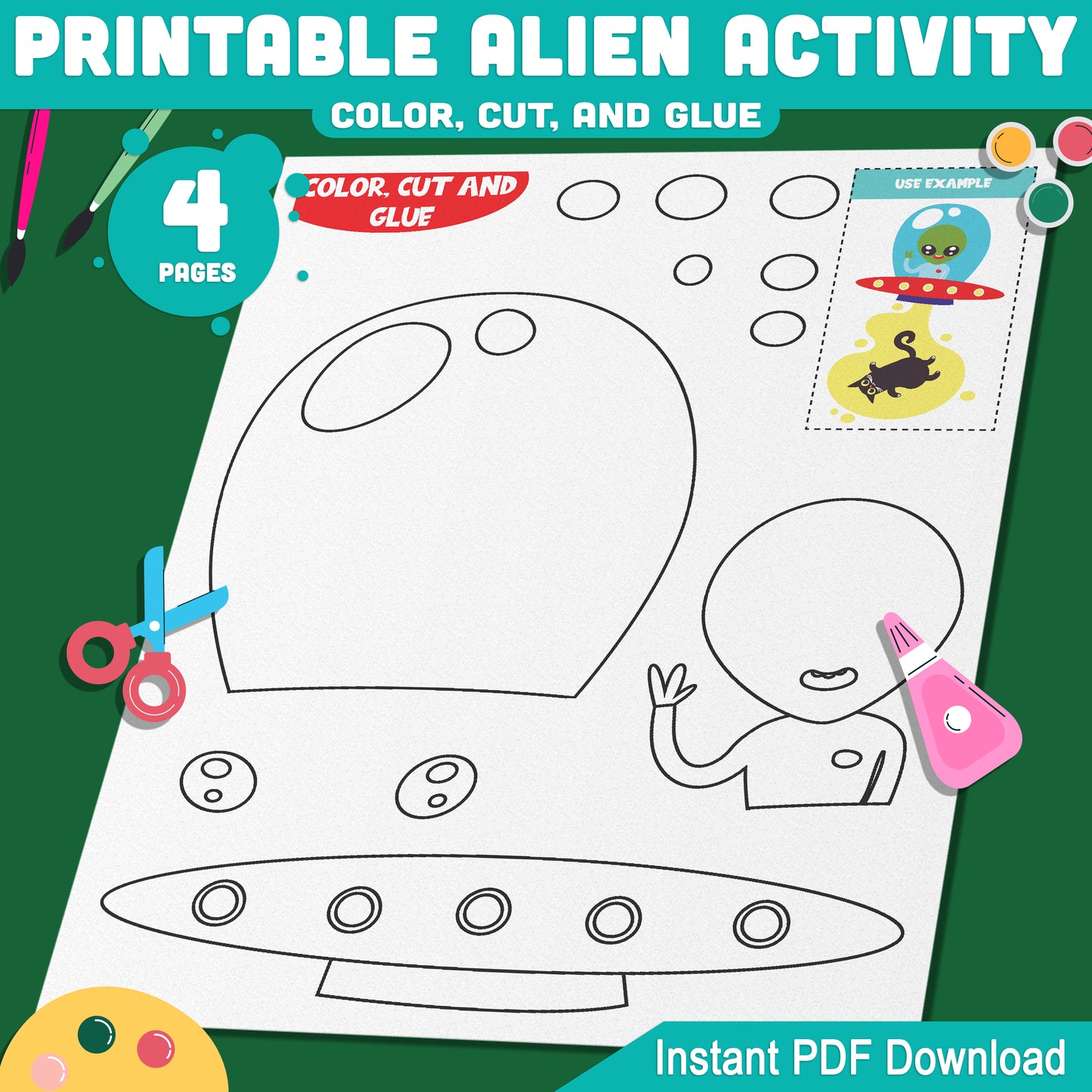 Printable Alien Activity: Fun Cut and Glue Space Craft for Kids, Includes Aliens & Spaceships, 4 Pages, PDF Instant Download