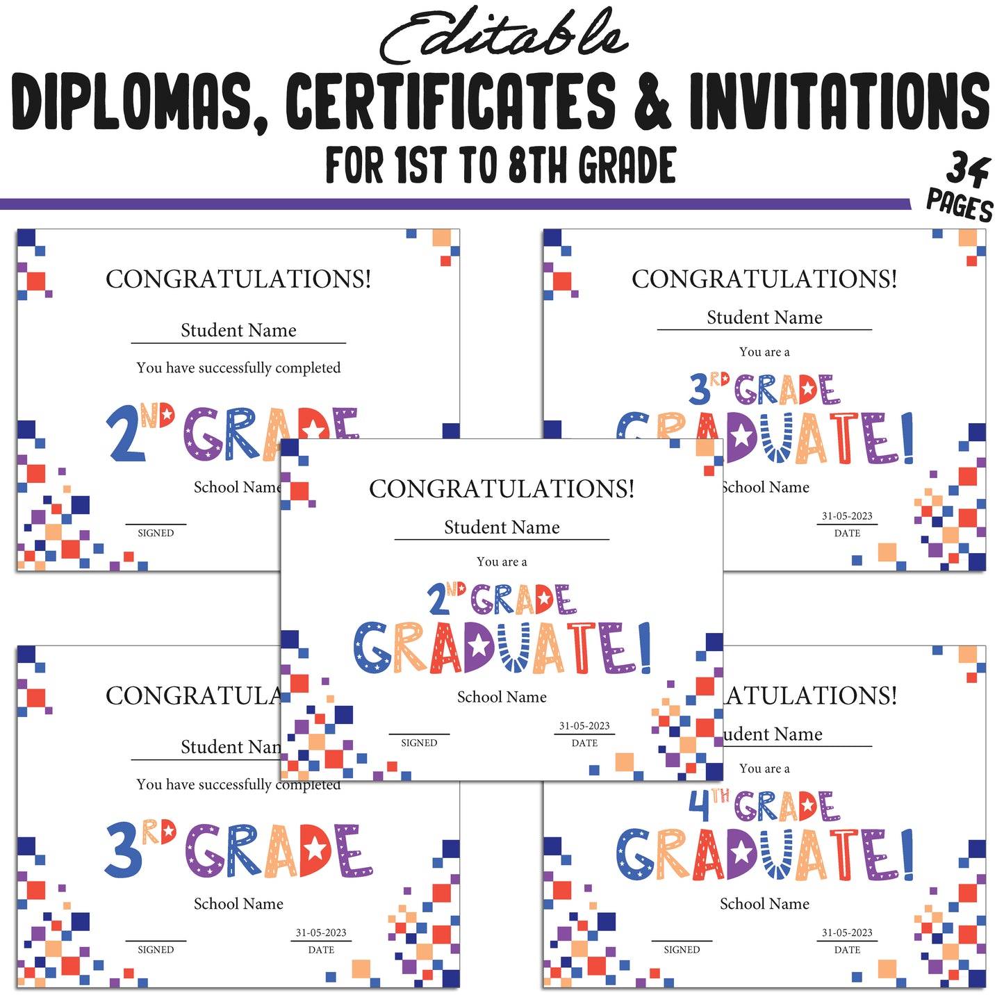 34 Editable First Grade Completion Certificate, 1st-8th Grade Diplomas & Invitation Templates, Simple Abstract-Themed, PDF Instant Download