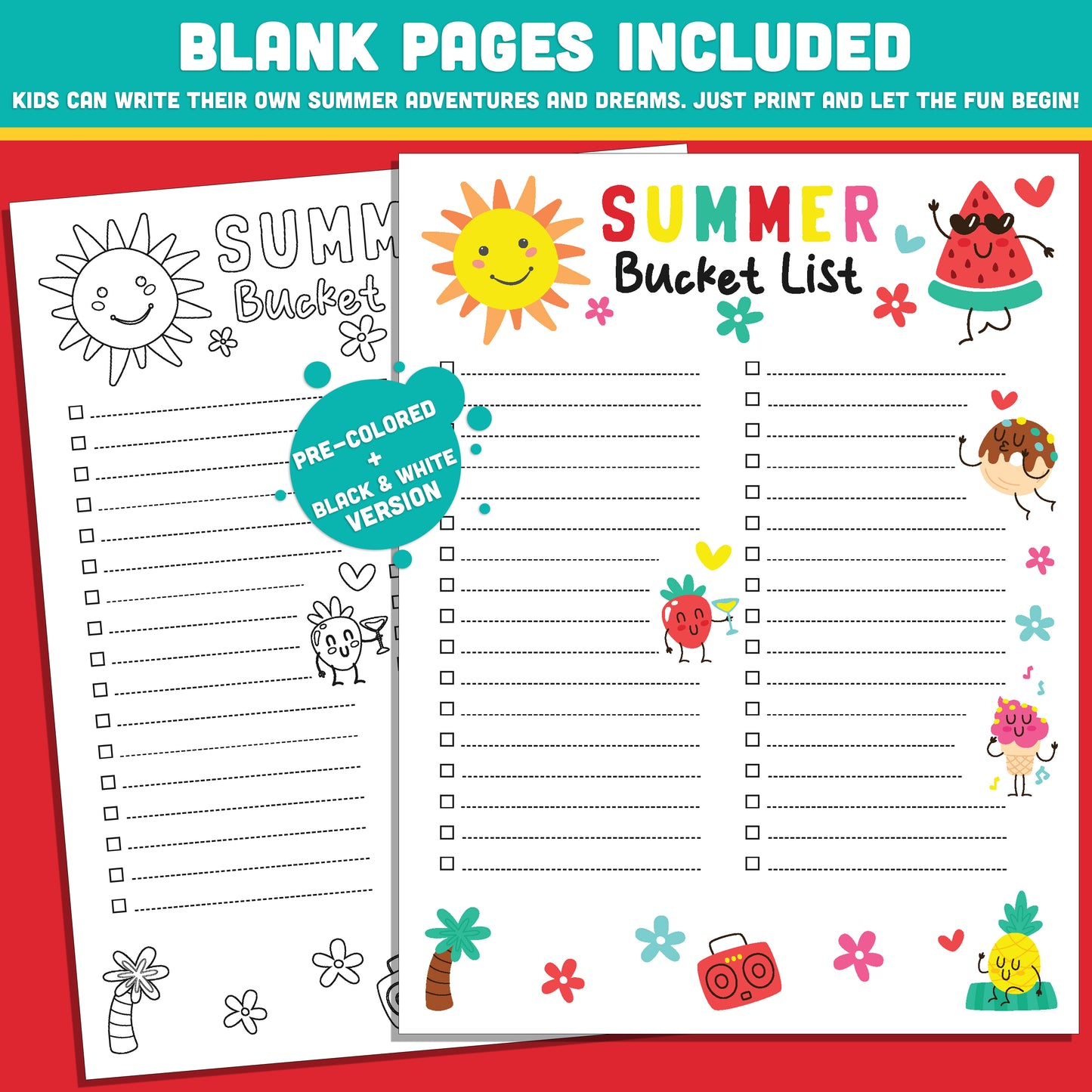 Summer Adventure List for Kids: Printable & Editable Template in PDF and PowerPoint, Includes Pre-Colored, Black and White, and Custom Blank Pages