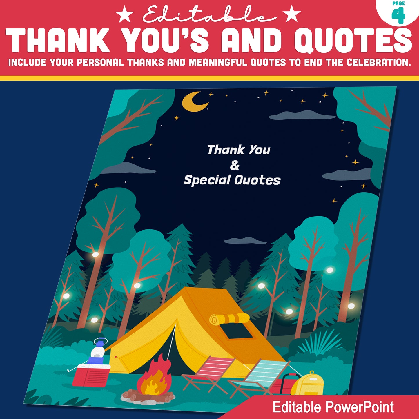 S'mores Camping Graduation Invitation Templates – Editable 4-Page Program for Preschool, Pre-K, Kindergarten, Instant PowerPoint, Cute Campfire Theme
