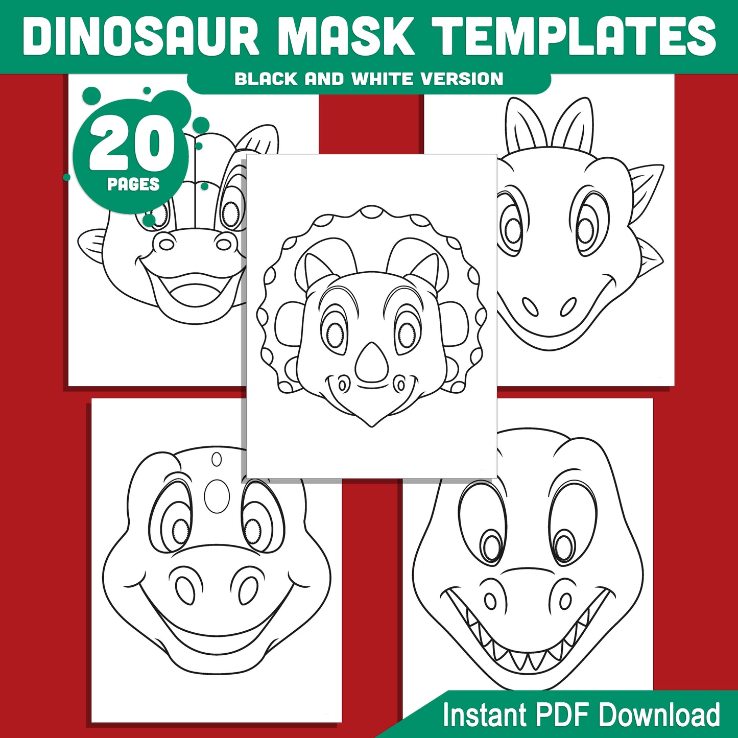 Fun Dinosaur Mask Templates: 20 DIY Printable Pages for Kids, Pre-Colored & Black and White, Great for Role-Playing, Parties & Costumes
