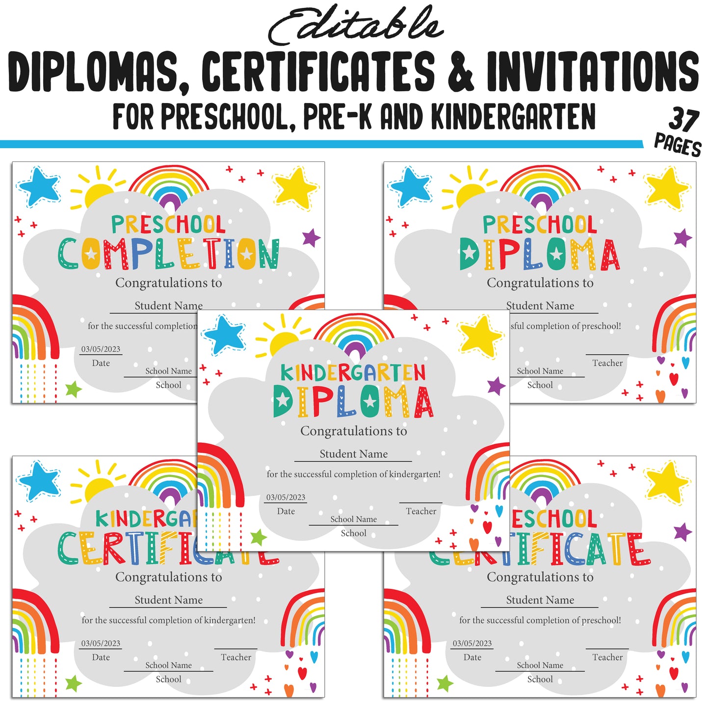 37 Editable Printable Pre-K, Kindergarten, and Preschool Diplomas, Certificates, and Invitation Templates (PDF File) - Instant Download