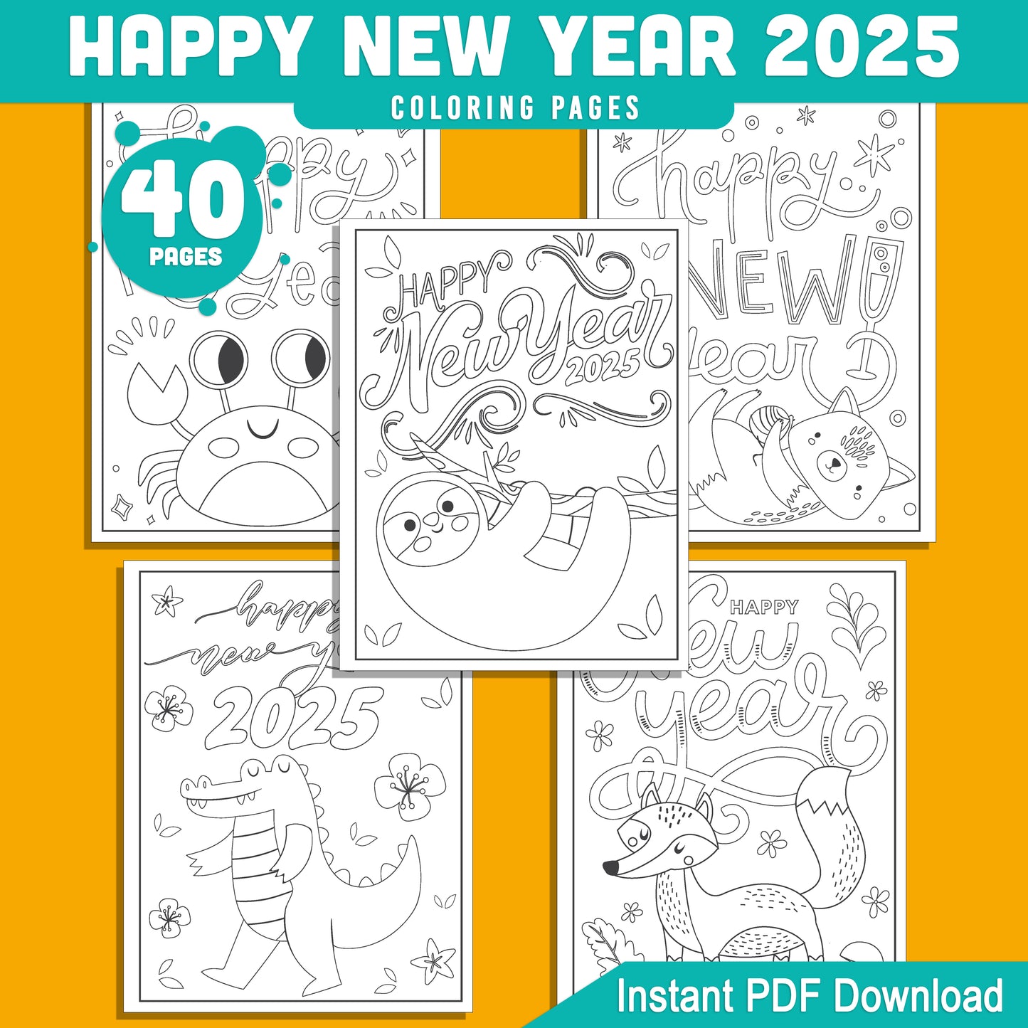 Kids' 2025 New Year Coloring Pages: 40 Funny Animal Prints for Holiday Fun, Creative Printable Activities, PDF Instant Download