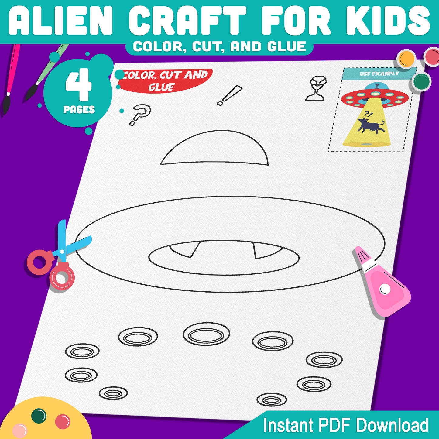 Alien Craft for Kids: Fun Printable Templates for Space-Themed Cut and Glue Activity, 4 Pages with Pre-Colored + Black & White