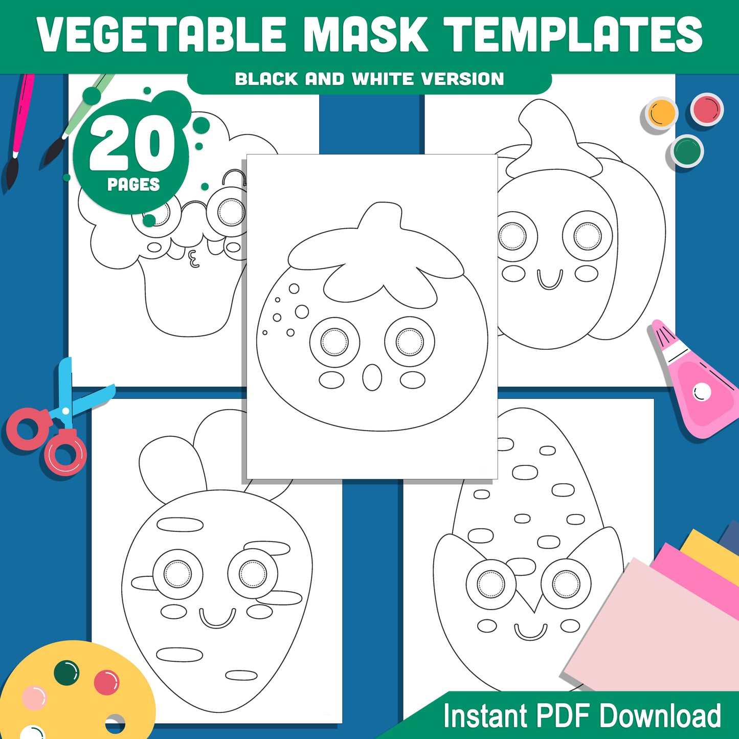 DIY Printable Vegetable Mask Templates: 20 Fun Kids’ Craft Pages, Pre-Colored & Black & White, Featuring Tomato, Broccoli, Bell Pepper, Carrot, Corn, Chili, Radish, Onion, Potato & Chinese Cabbage, Great for Play & Learning, Instant PDF