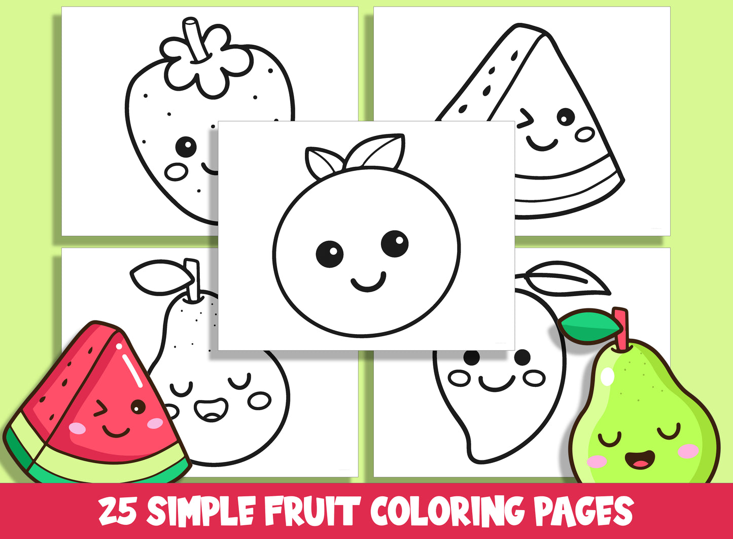 25 Cute and Simple Fruit Coloring Pages, Large Size, Thick Border, Perfect for Preschool & Kindergarten, PDF File, Instant Download