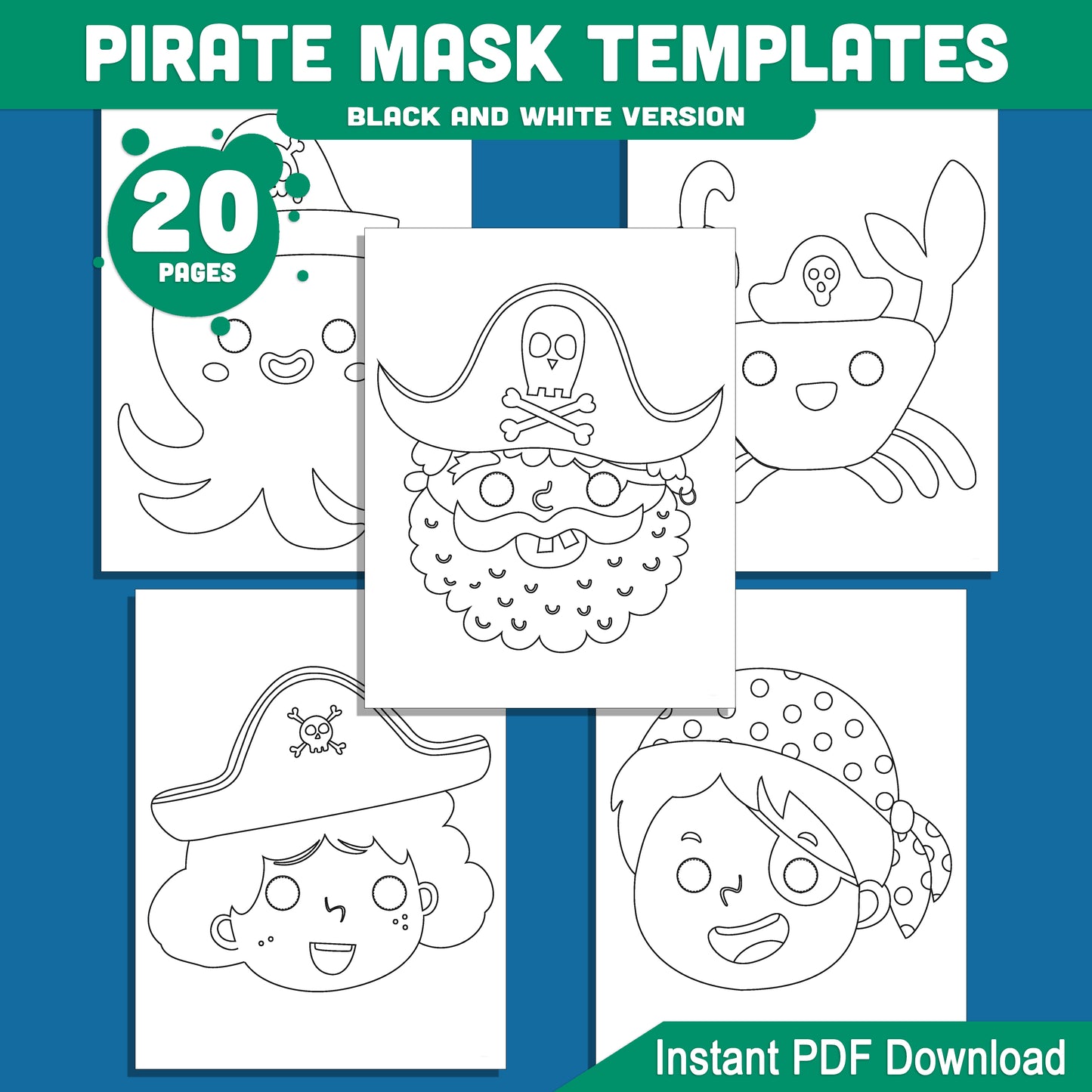Fun Pirate Mask Templates: 20 Printable Designs for Kids, Pre-Colored & Black and White, Ideal for Costumes, Pretend Play, and Events!