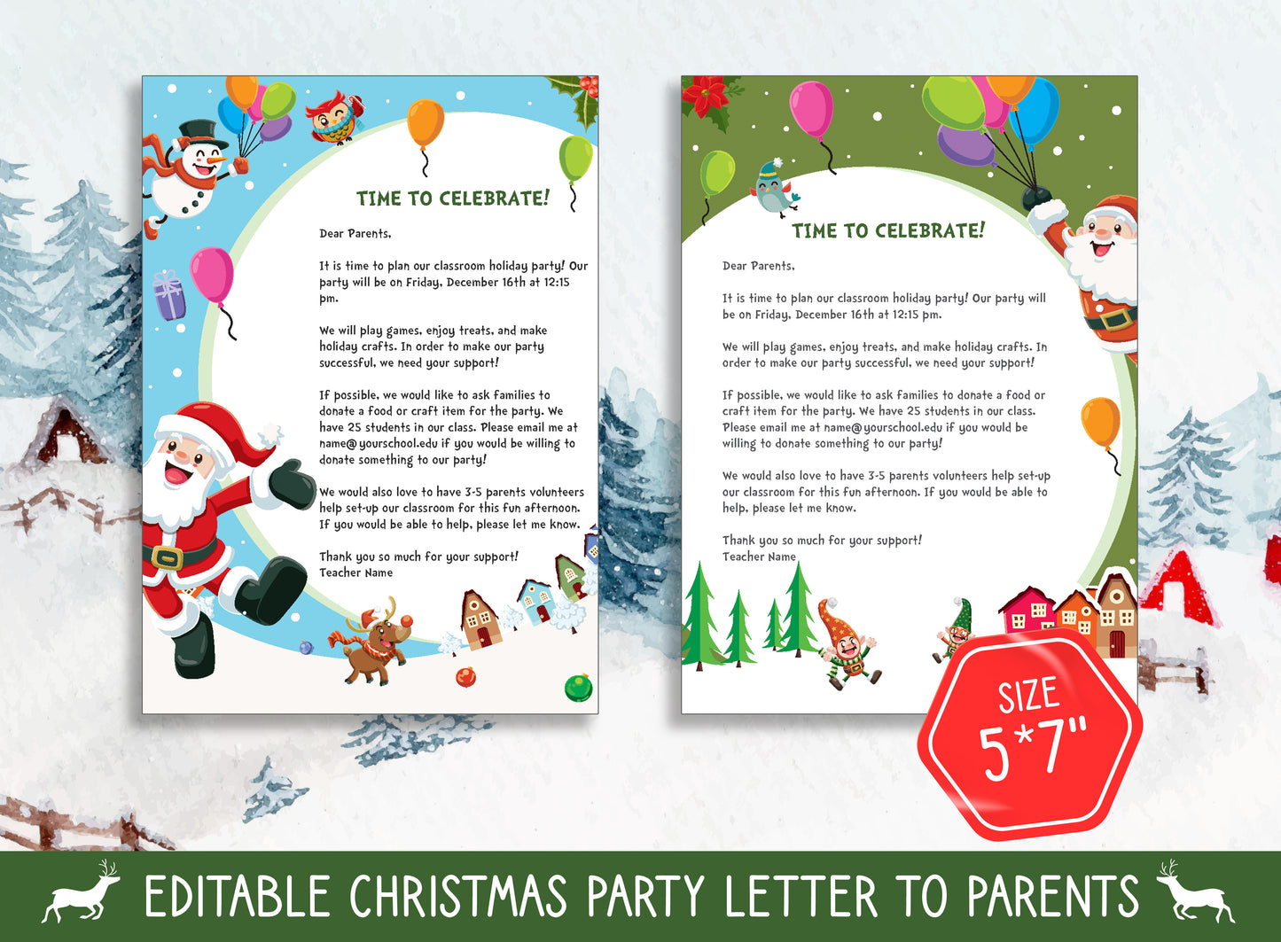 Editable Christmas Party Letter to Parents and Invitations - 2 Designs, 2 Sizes (8.5"x11" and 5"x7") - PDF Instant Download