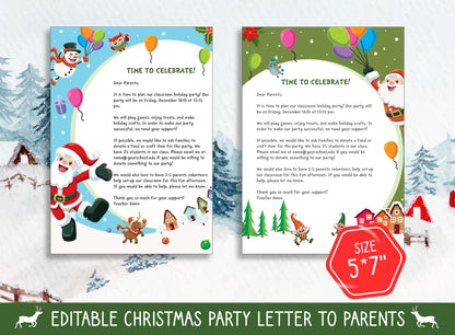 Editable Christmas Party Letter to Parents and Invitations - 2 Designs, 2 Sizes (8.5"x11" and 5"x7") - PDF Instant Download