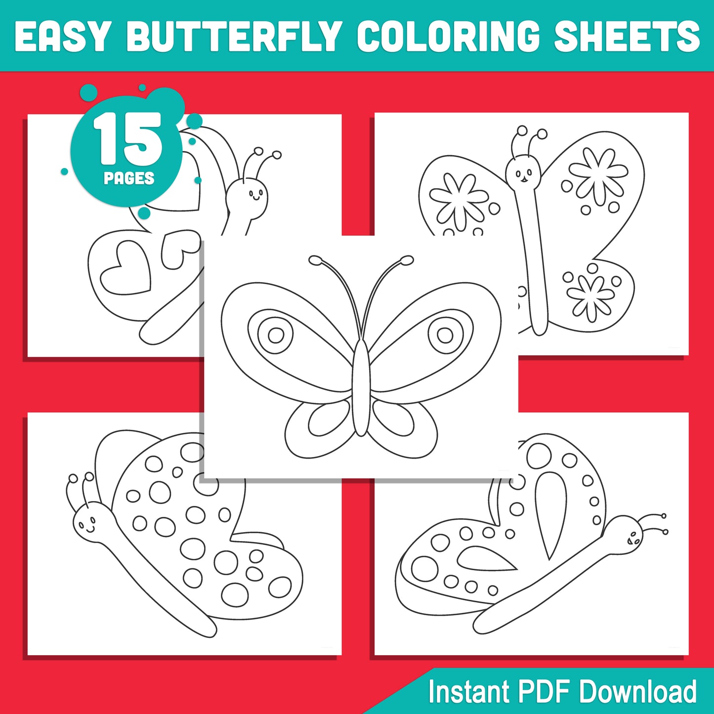 Simple Butterfly Coloring Pages: 15 Delightful Designs for Young Children, Ideal for Preschool & Kindergarten, Fun Art Activity, Instant Download