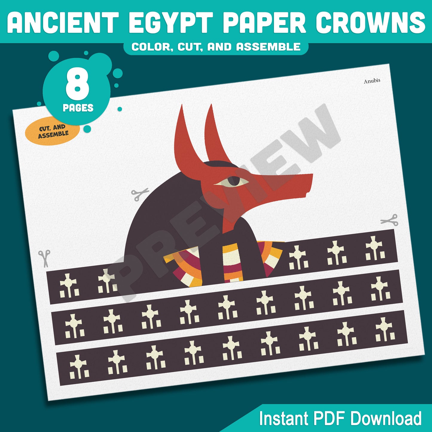 Ancient Egypt Crown Templates – Fun Printable Kids Craft with Pharaoh, Cleopatra, Anubis & Thoth Designs, Easy DIY Headbands, PDF Instant