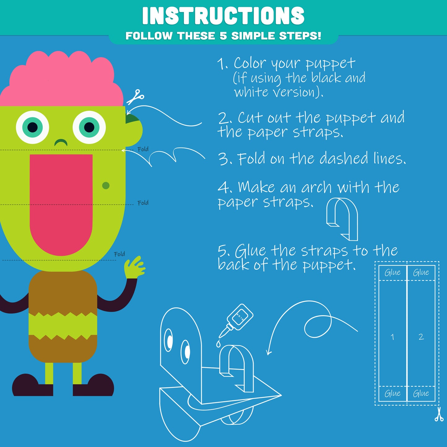 Printable Halloween Puppets: 10 Pages with 5 Pre-Colored + 5 Black and White Designs, Perfect for Spooky Classroom Fun & Halloween Party Crafts!