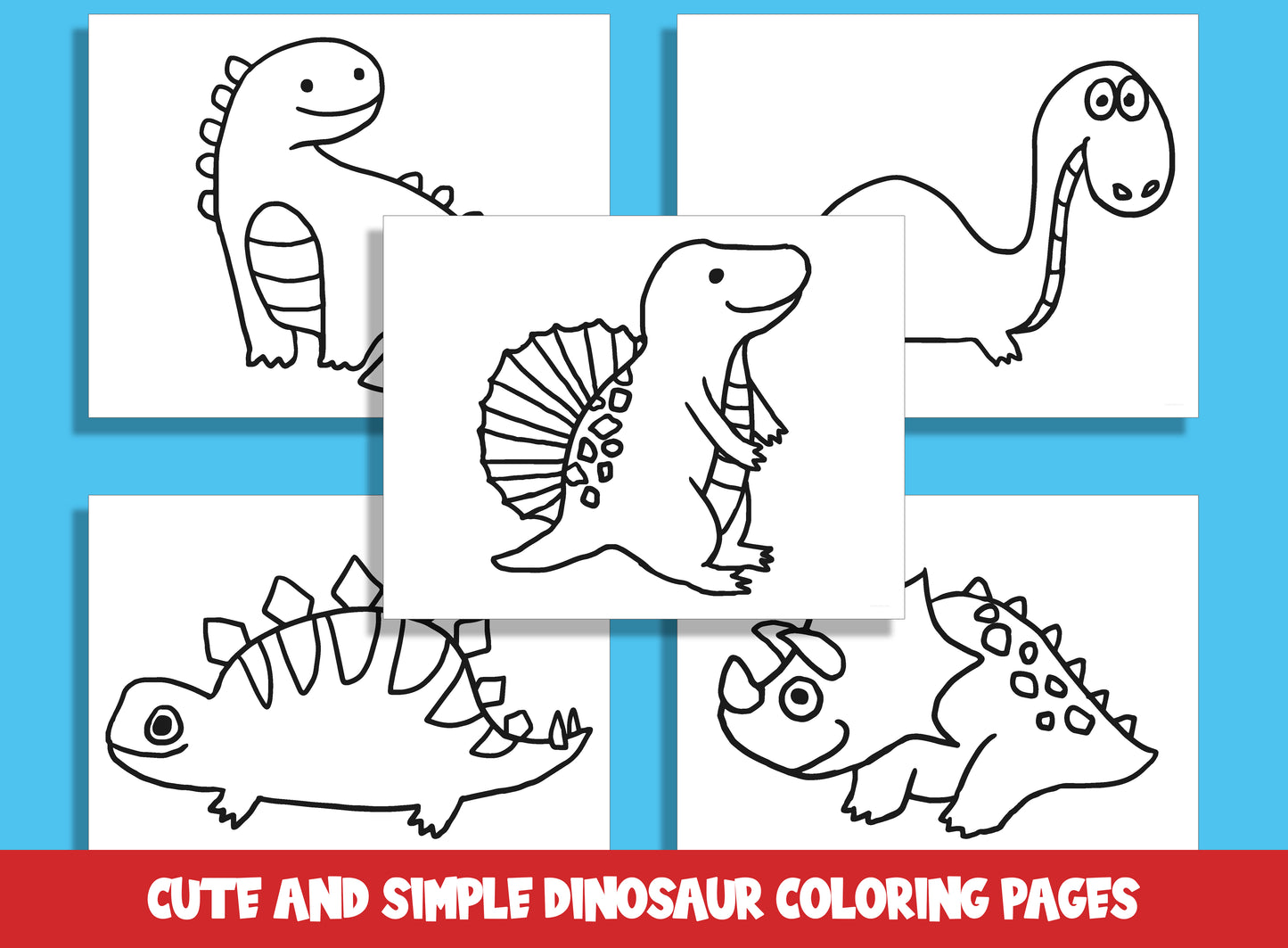 25 Cute and Simple Dinosaur Coloring Pages, Large Size, Thick Border, Perfect for Preschool & Kindergarten, PDF File, Instant Download