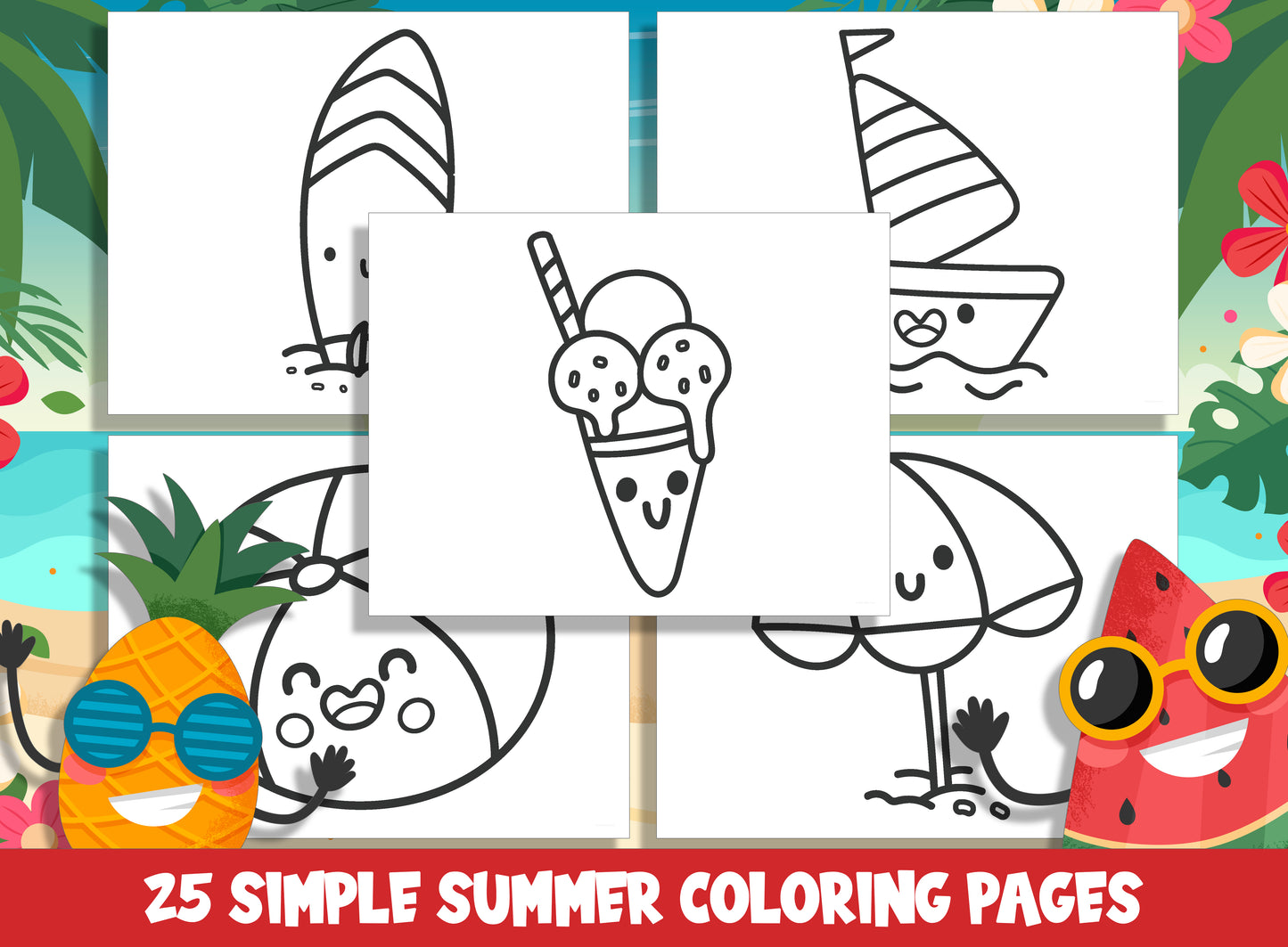 25 Cute Simple Summer Coloring Pages, Large Size, Thick Border, Perfect for Preschool & Kindergarten, PDF File, Instant Download