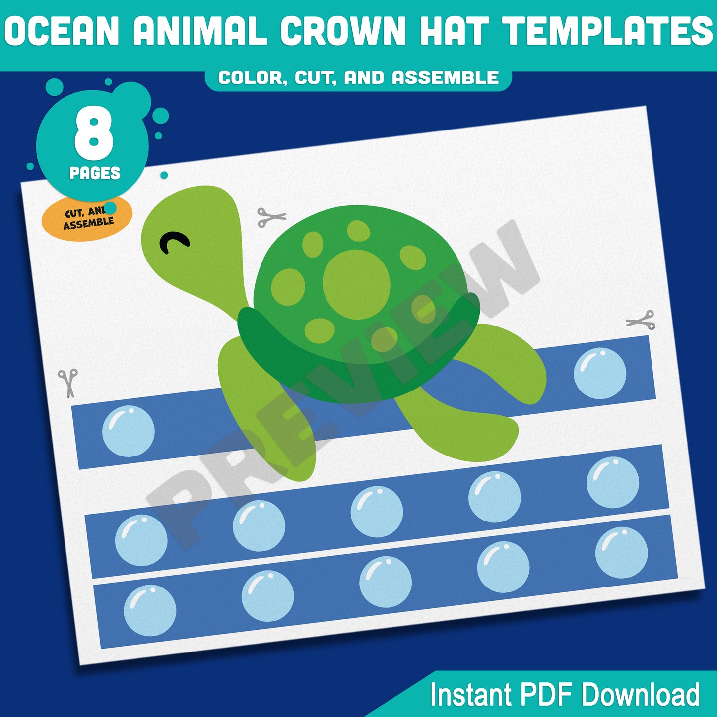 Ocean Animal Crown Hat Templates, Fun Printable Headband Craft for Kids – 8 Pages with Pre-Colored + Black & White, PDF for Teachers & Parents