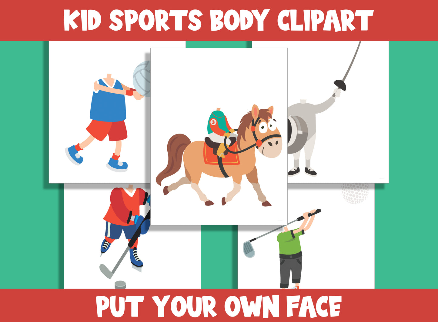 Kid Sports Body Clipart, Color, Cut, & Glue, Put Your Own Face, for PreK to 7th
