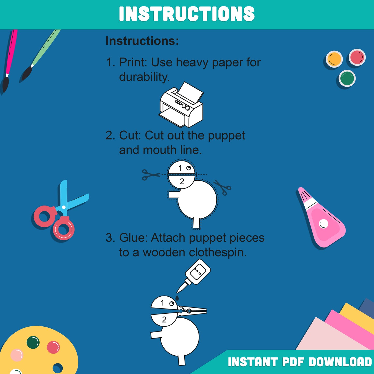 Easter Clothespin Puppets for Kids, 8-Page Printable Craft with Bunny, Chick, Duckling & Egg, Fun Spring Activity for Pretend Play, Instant PDF