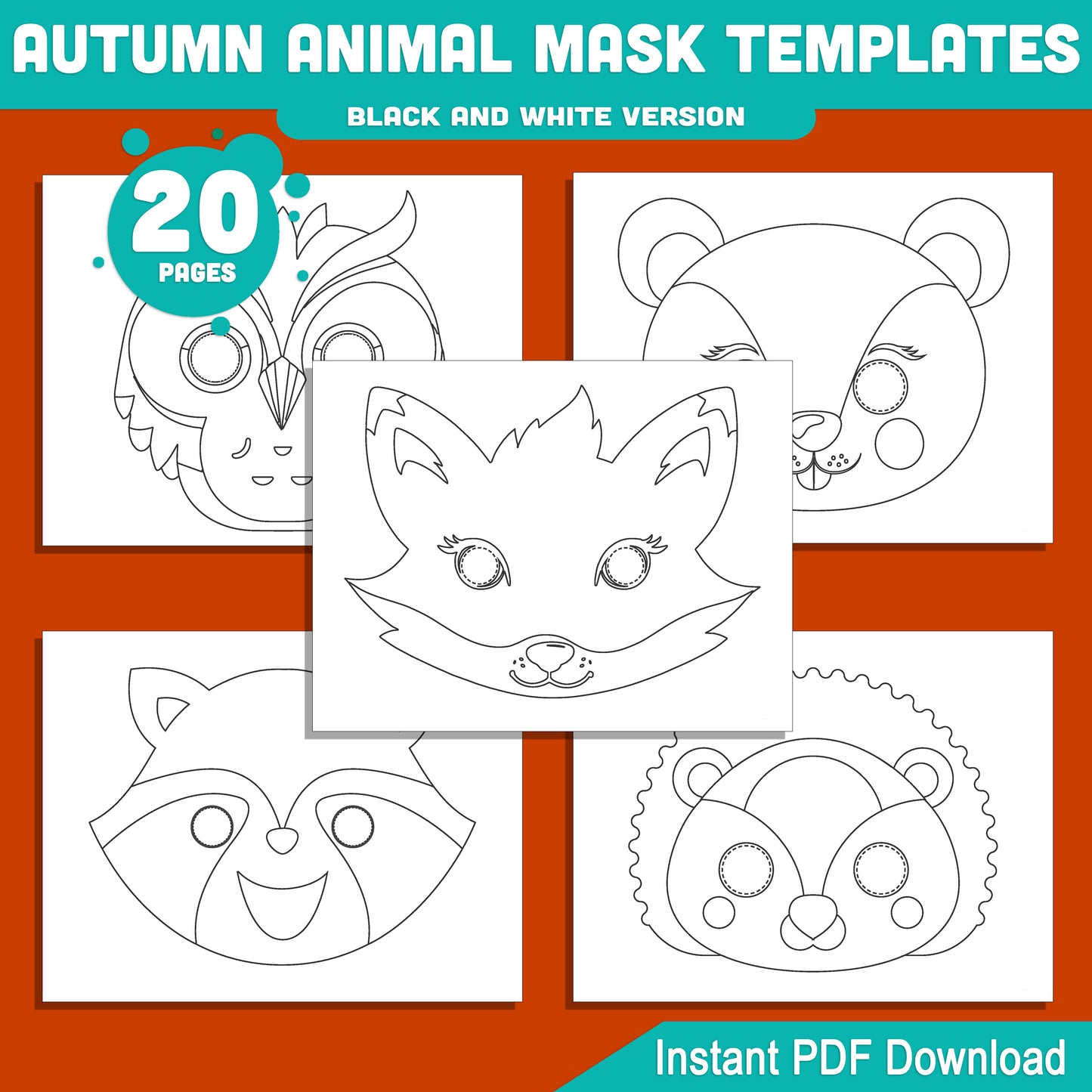 Autumn Animal Mask Templates for Kids: Fox, Owl, Raccoon, Bear & More, Fall-Themed Craft PDF, Pre-Colored + Black & White