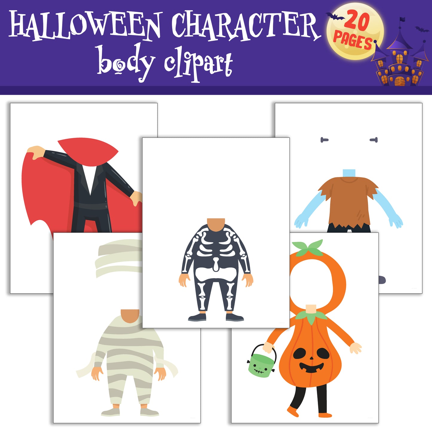 Spooky Halloween Character Body Clipart Set with Customizable Faces PDF, Light & Dark Skin Tones, available in PDF + PNG