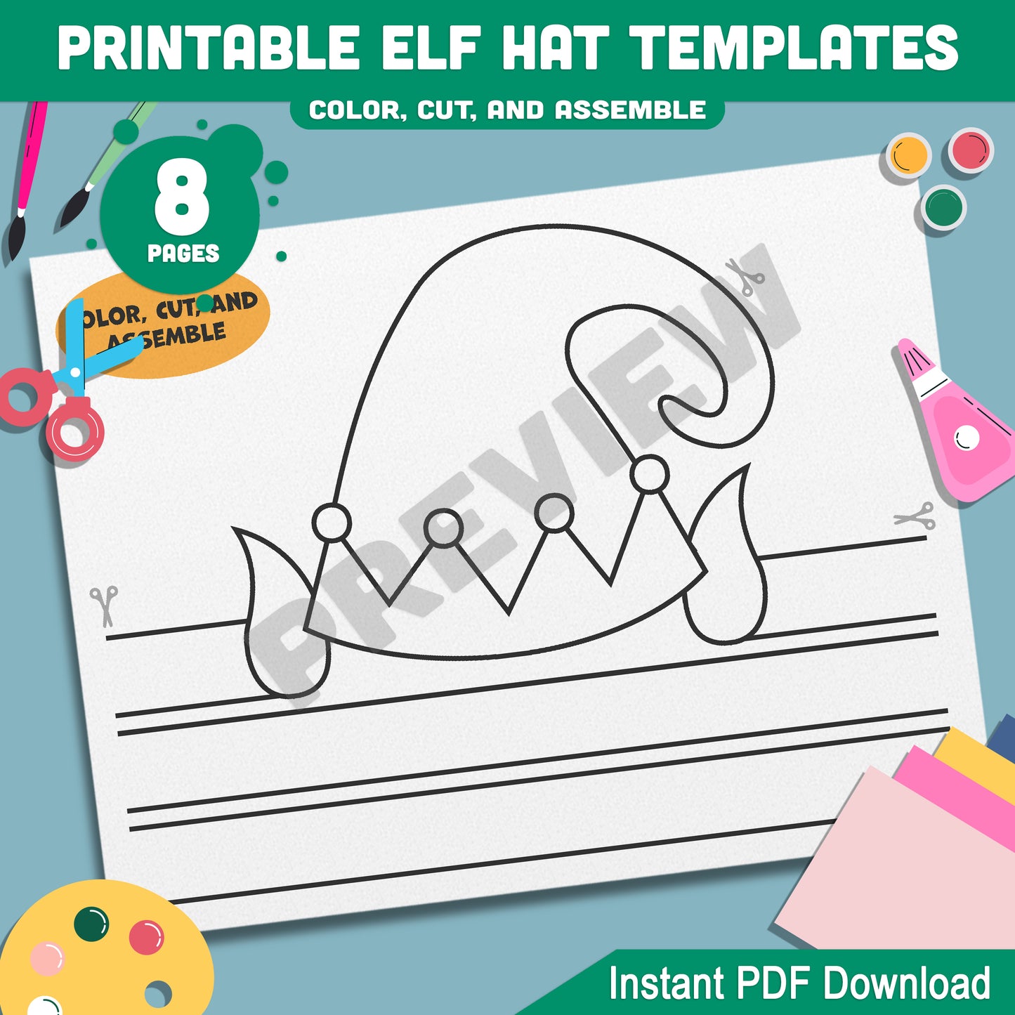 Fun Printable Elf Hat Craft Templates: 4 Christmas Designs for Kids in Color and Black-and-White, Perfect for Holiday Activities, Instant Download PDF.