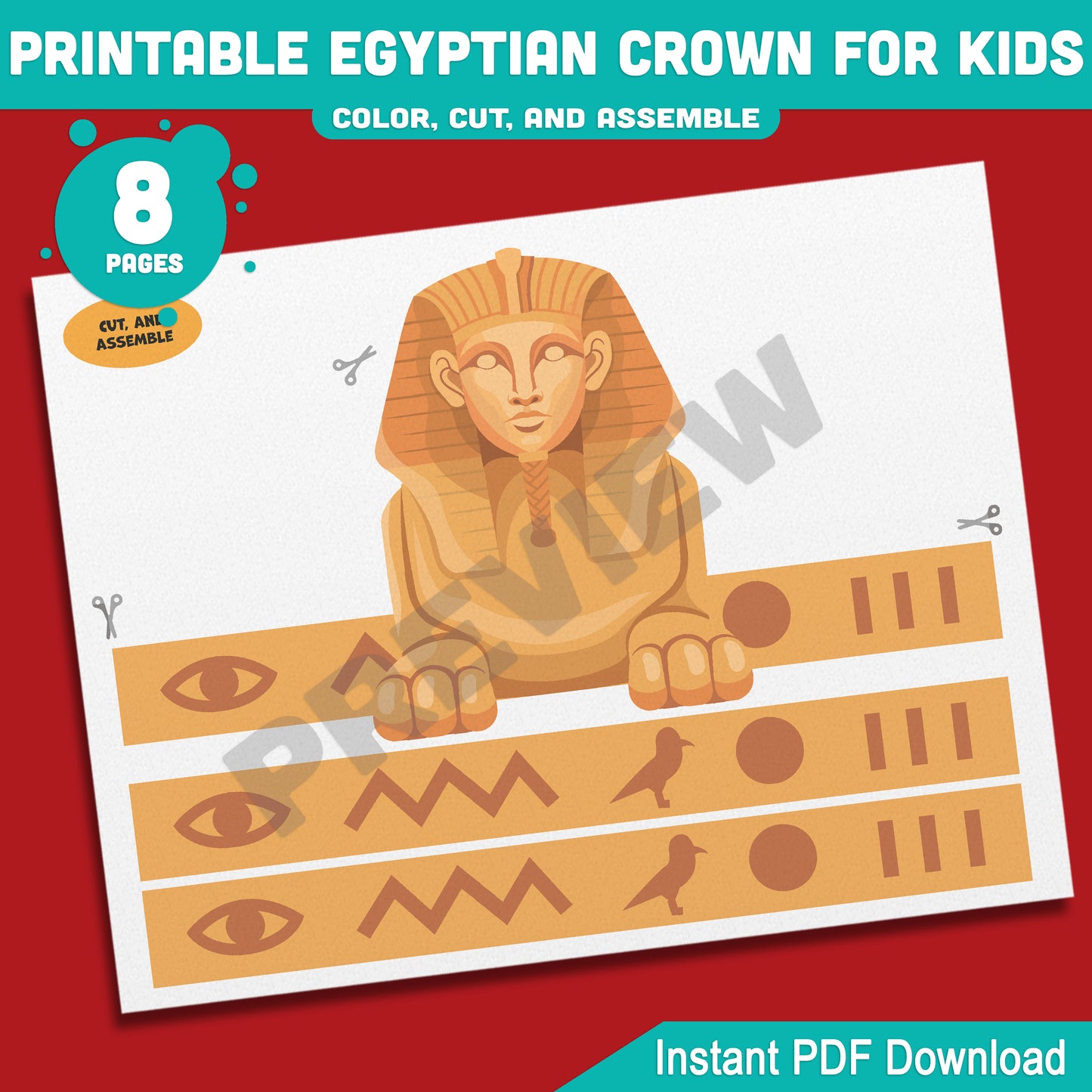 Printable Egyptian Crown for Kids, Pharaoh Cleopatra Sphinx Anubis Paper Hat and Headband Crafts, Fun Color Cut & Wear Activity, 5 Designs, PDF
