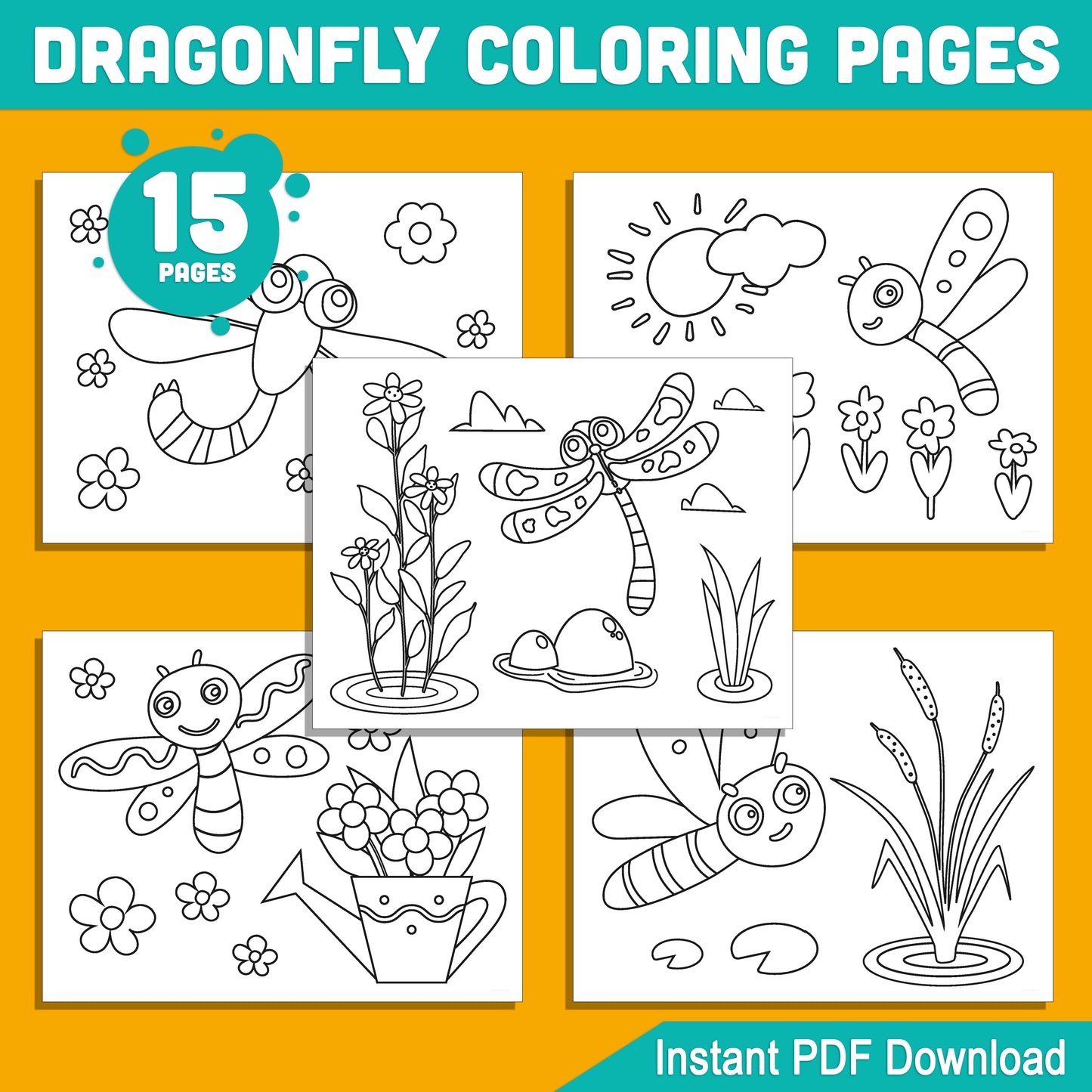 Dragonfly Coloring Pages: 15 Easy Designs for Toddlers, Preschool, and Kindergarten – Fun Learning Activity, PDF Download