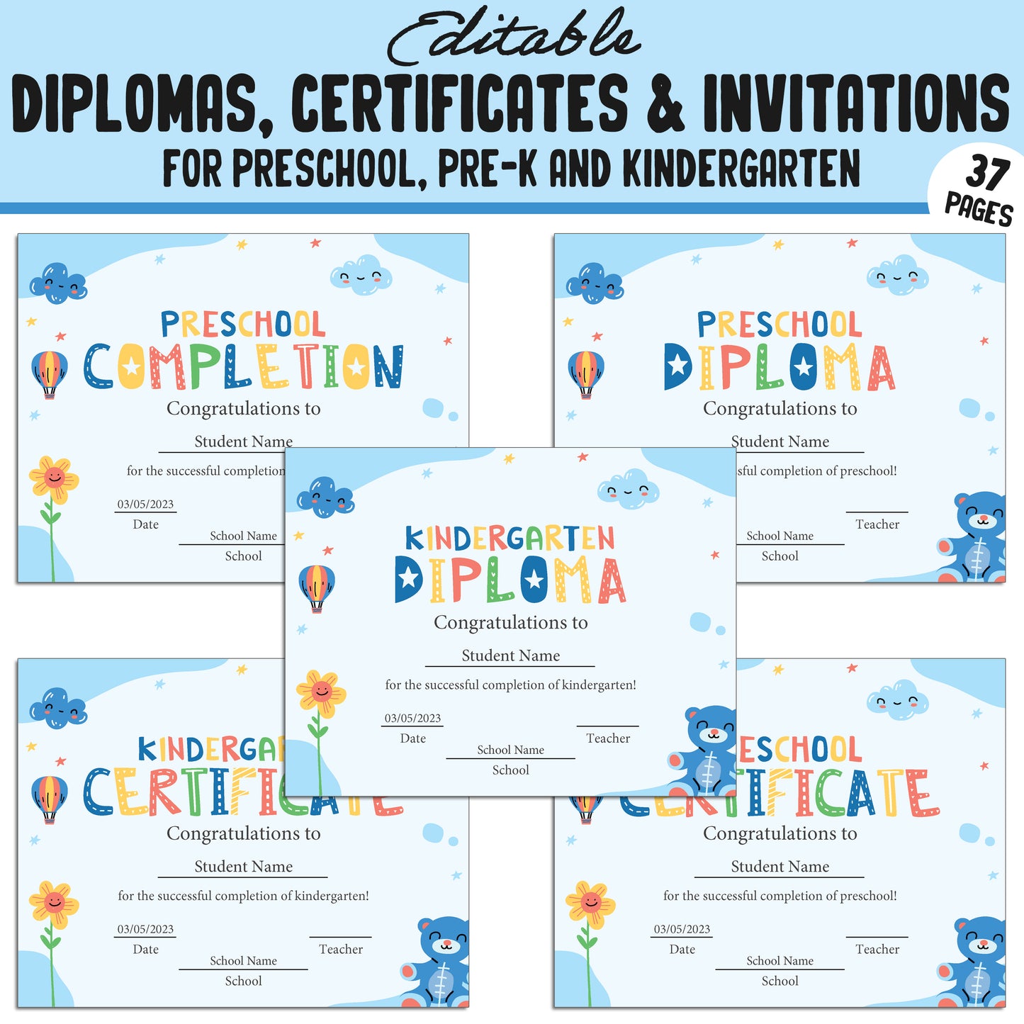 Preschool Diploma Template, PreK, Preschool, Kindergarten Diplomas, Certificates & Invitations β 37 Customizable PDF Pages, Instant Download