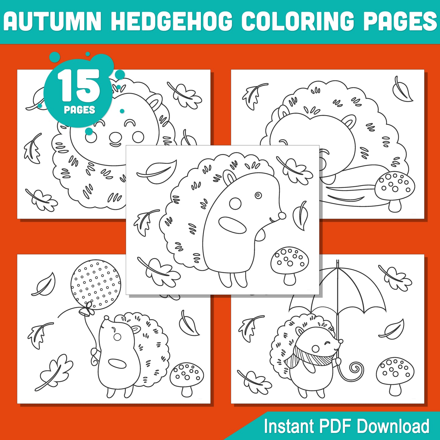 Cute Autumn Hedgehog Coloring Pages, 15 Printable Fall Designs for Kids, Great for Classroom, Homeschool, Early Finishers, or Art Projects, PDF Download