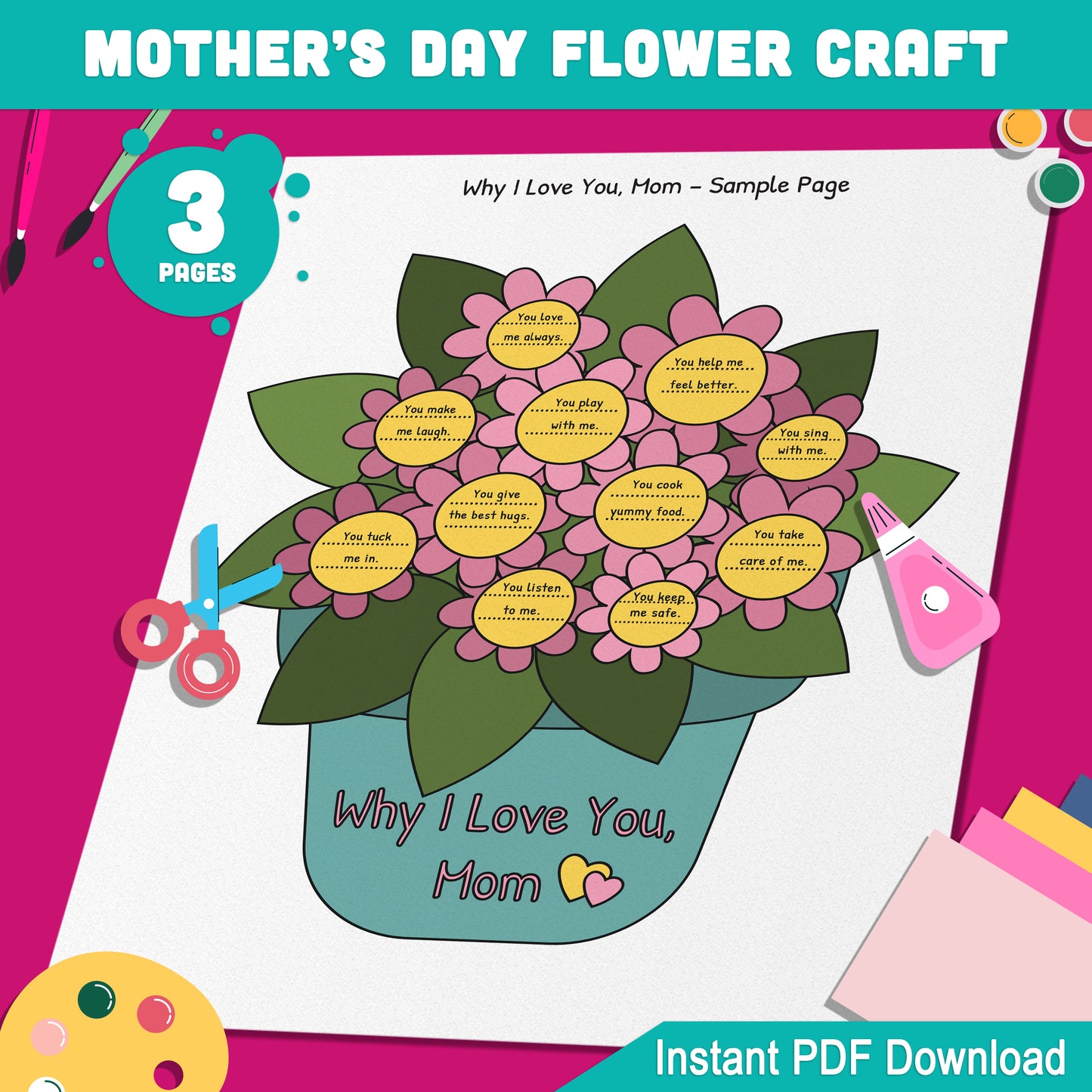 Printable Flower Craft: Why I Love You, Mom – Mother’s Day Writing Activity with Coloring & Gift Options – PDF for Kids to Download