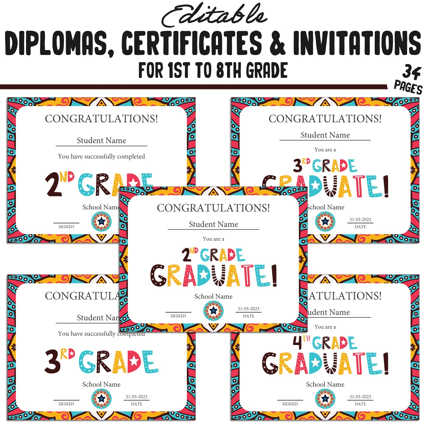 Printable 8th Grade Diplomas, Editable 1st-8th Grade Certificates, Invitation Templates in Tribal Mandala Design, 34 Pages, Instant Download