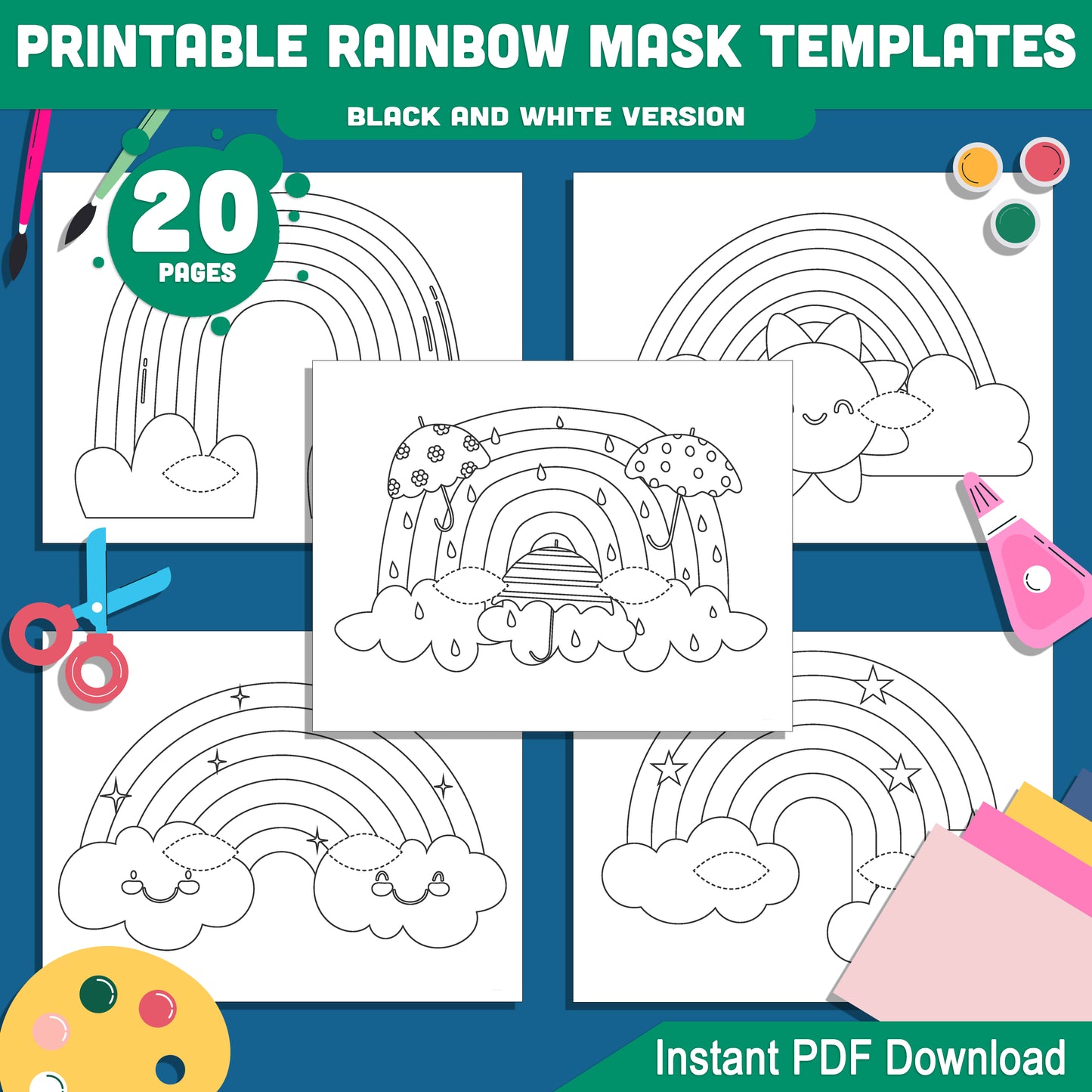 Spring-Themed Rainbow Mask Templates: 20 Creative Pages for Kids’ Dress-Up, Featuring Vibrant Colors & DIY Coloring, Perfect for Play & Events, PDF Download