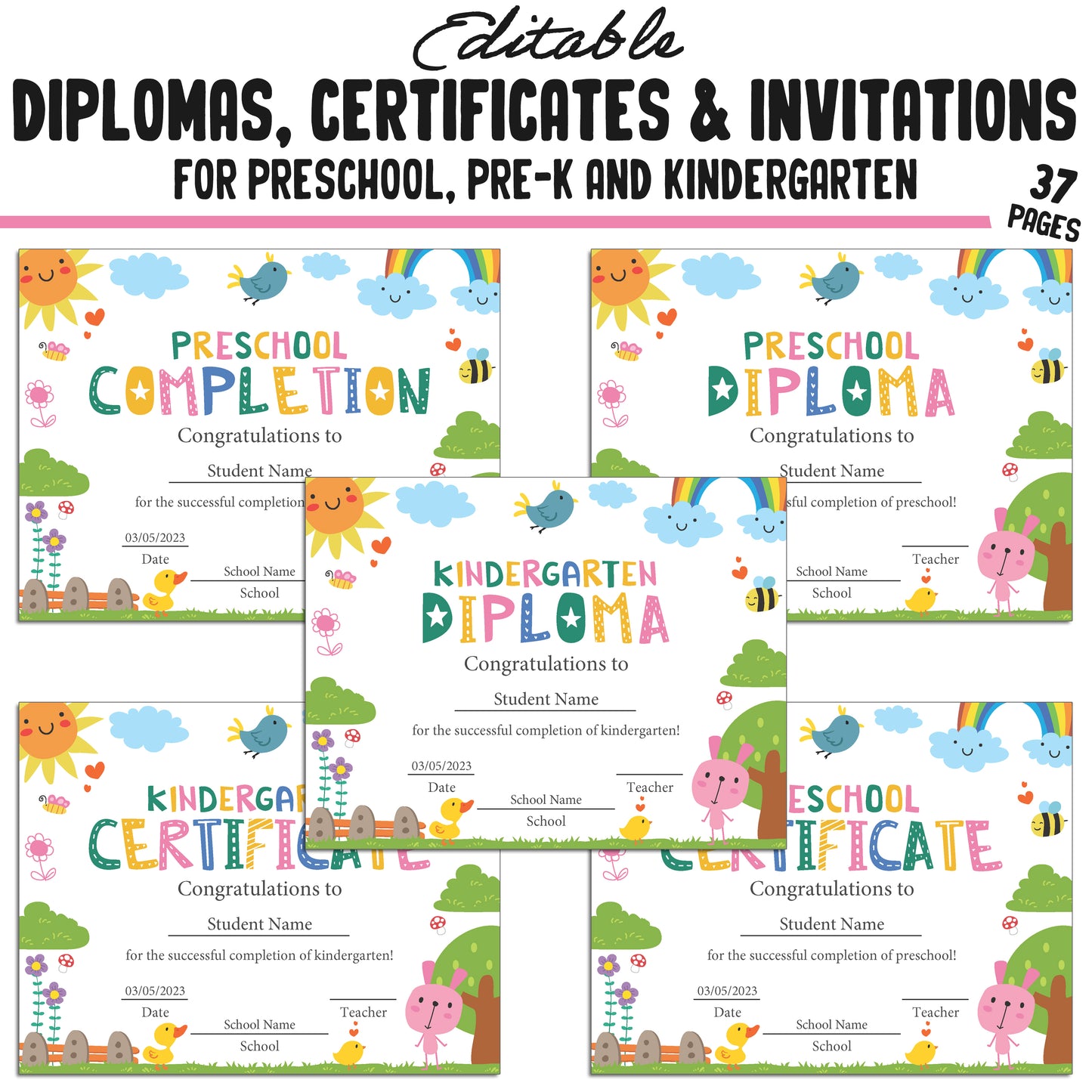 37 Editable Pre-K Completion Certificates, Kindergarten, Preschool Diplomas & Invitation Templates, Cute Spring-Themed, PDF Instant Download