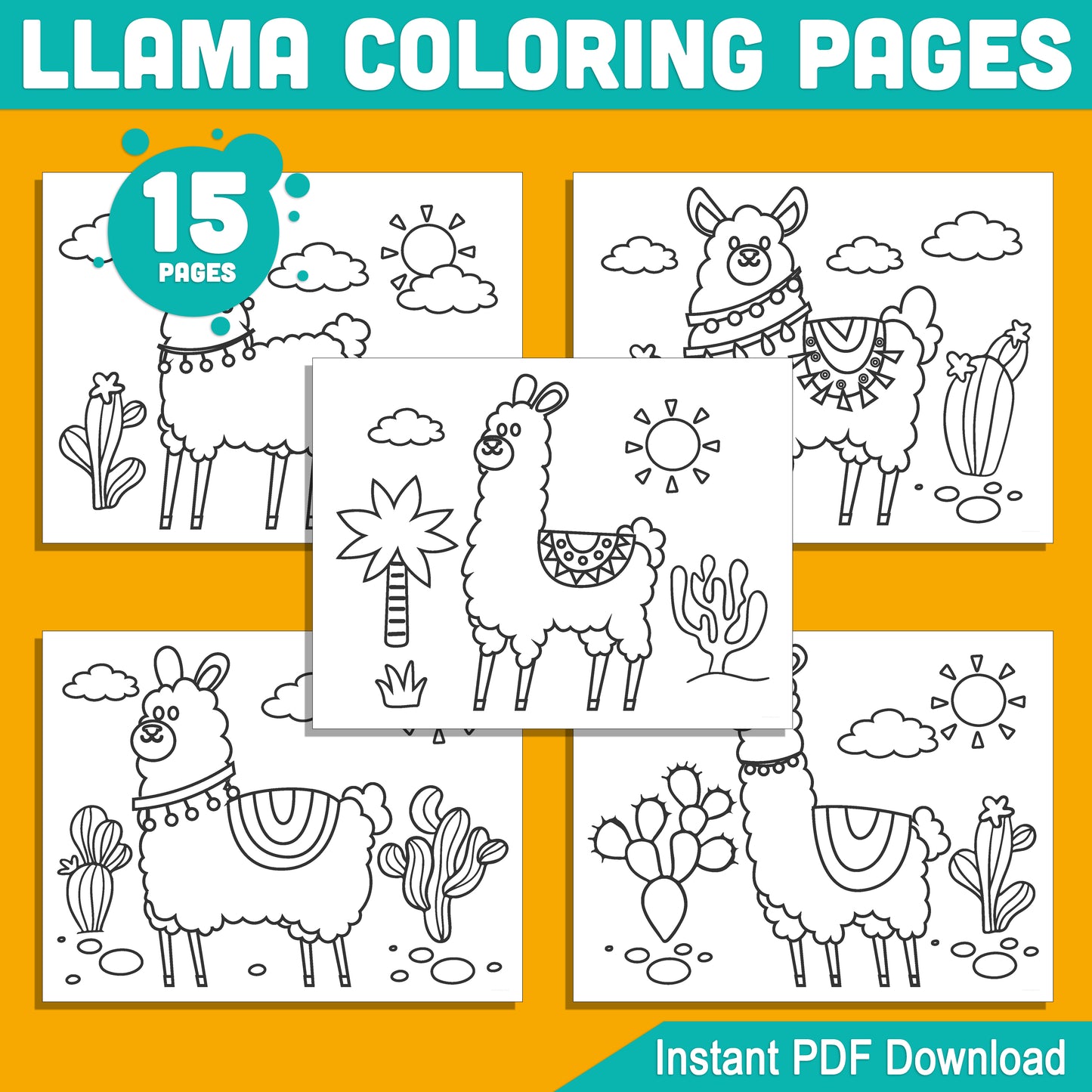 15 Simple Llama Coloring Pages for Kids โ Perfect for Preschool & Kindergarten, Fun and Easy-to-Print PDF Activity, Instant Download