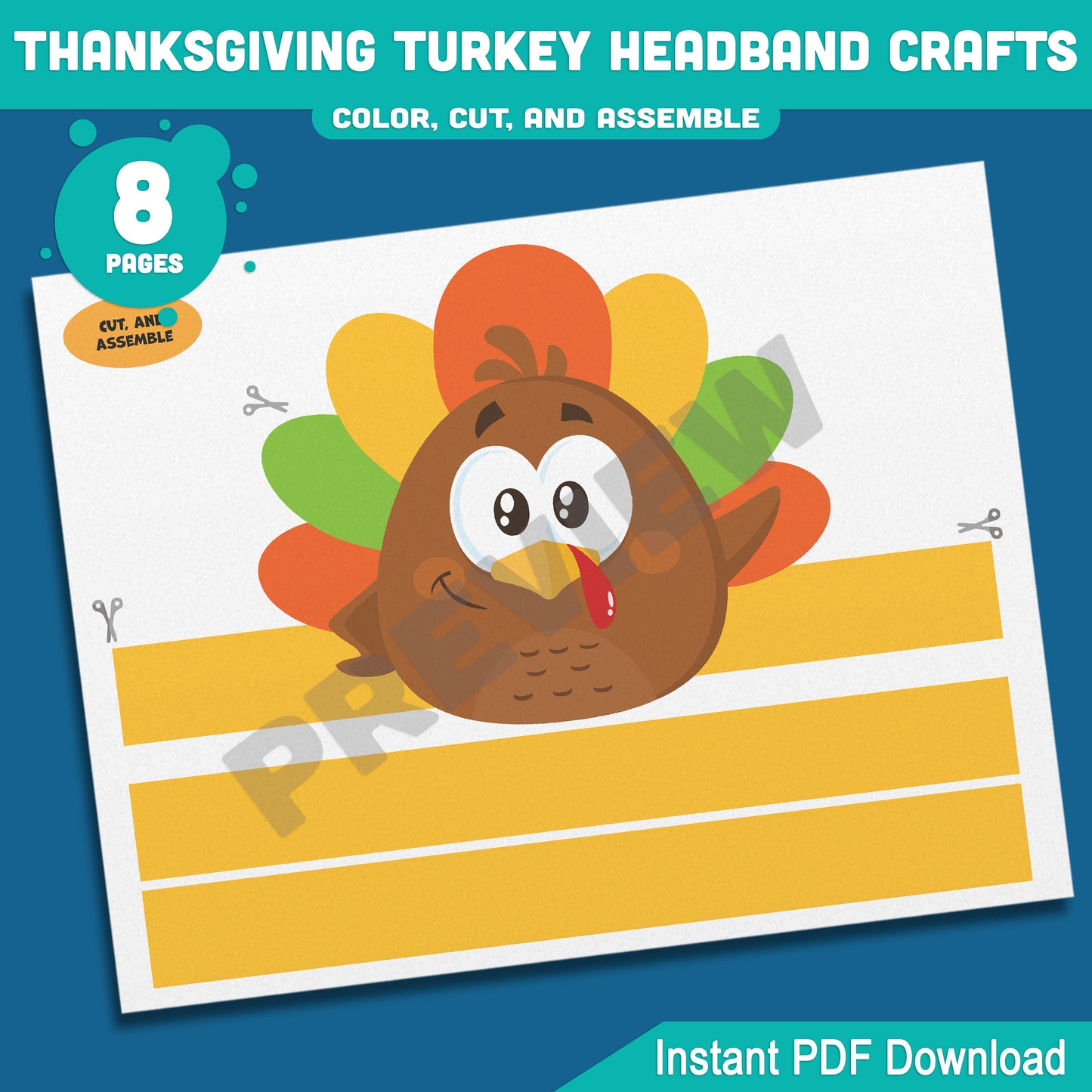 Printable Thanksgiving Turkey Headband Crafts, Fall Paper Crown Hat for Kids, Color, Cut & Wear Autumn Activity, 5 Turkey Designs, Pre-colored + Black & White, PDF